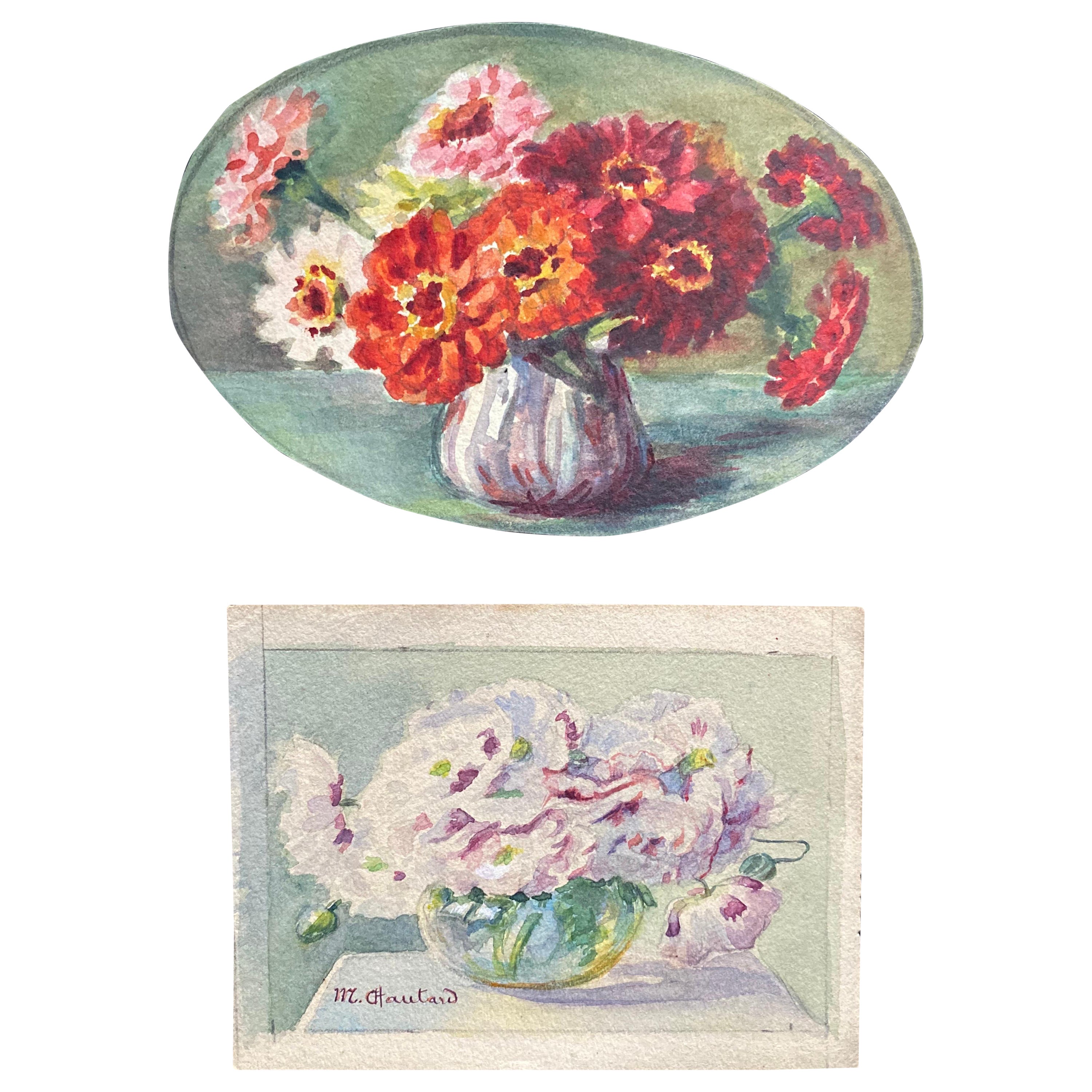 Aquarelles de fleurs signées par l'impressionniste française Marie Carreau du début des années 1900