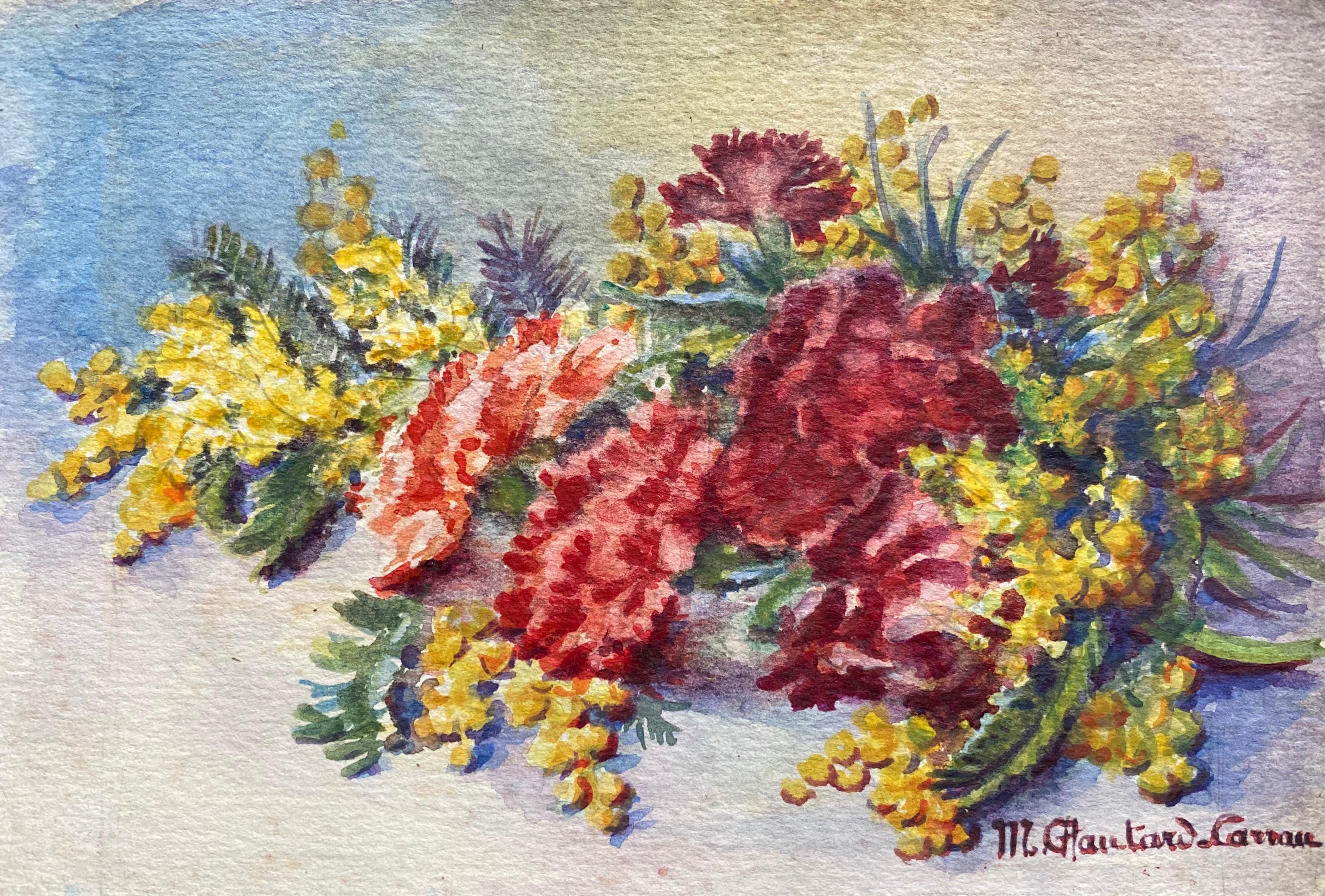 Early 1900's French Impressionist Signed Flower Watercolours y Marie Carreau In Good Condition For Sale In Cirencester, GB