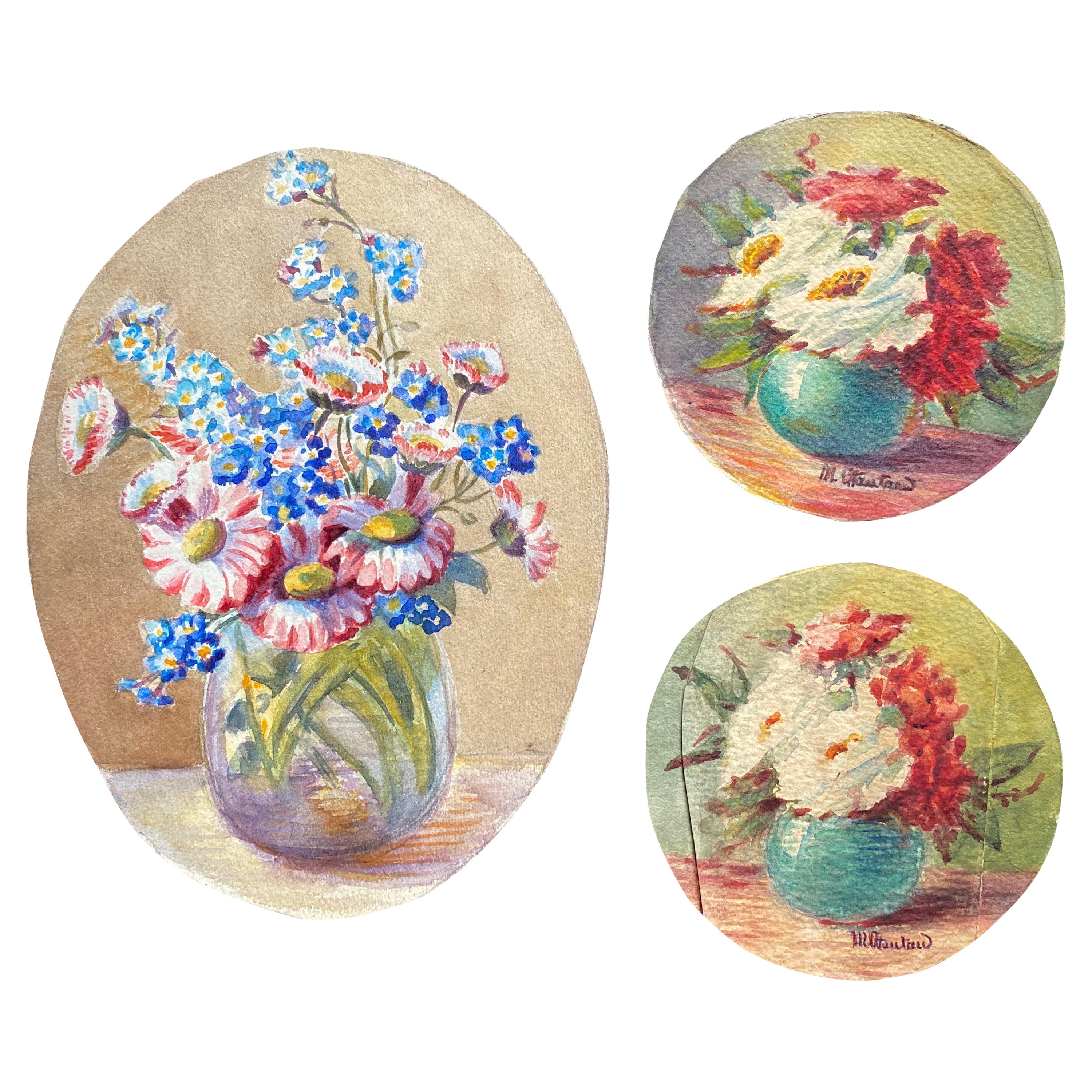 Aquarelles de fleurs signées par l'impressionniste française Y Marie Carreau du début des années 1900