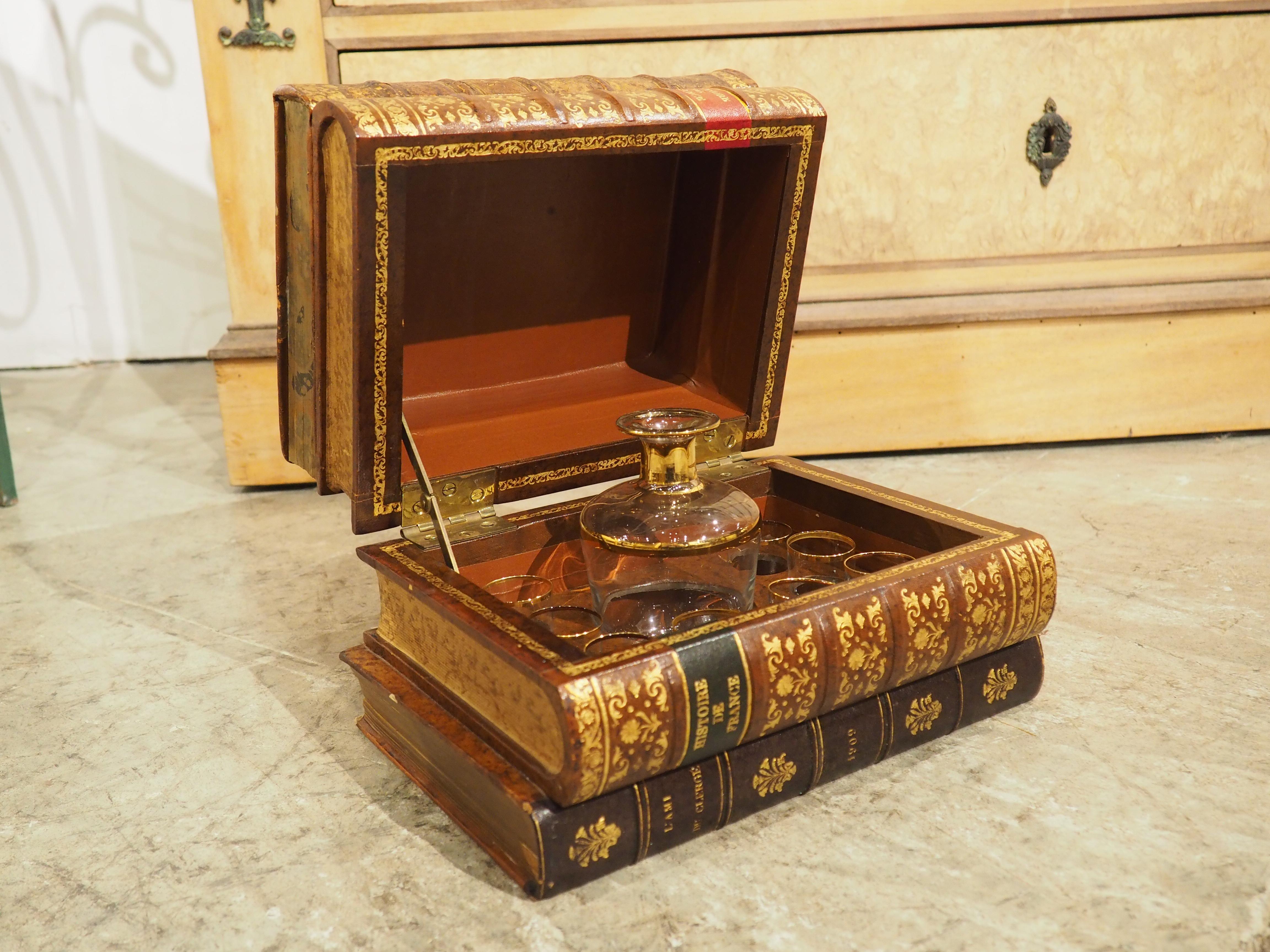 Early 1900s French Leather Faux Book Stack Cave a Liqueur 8