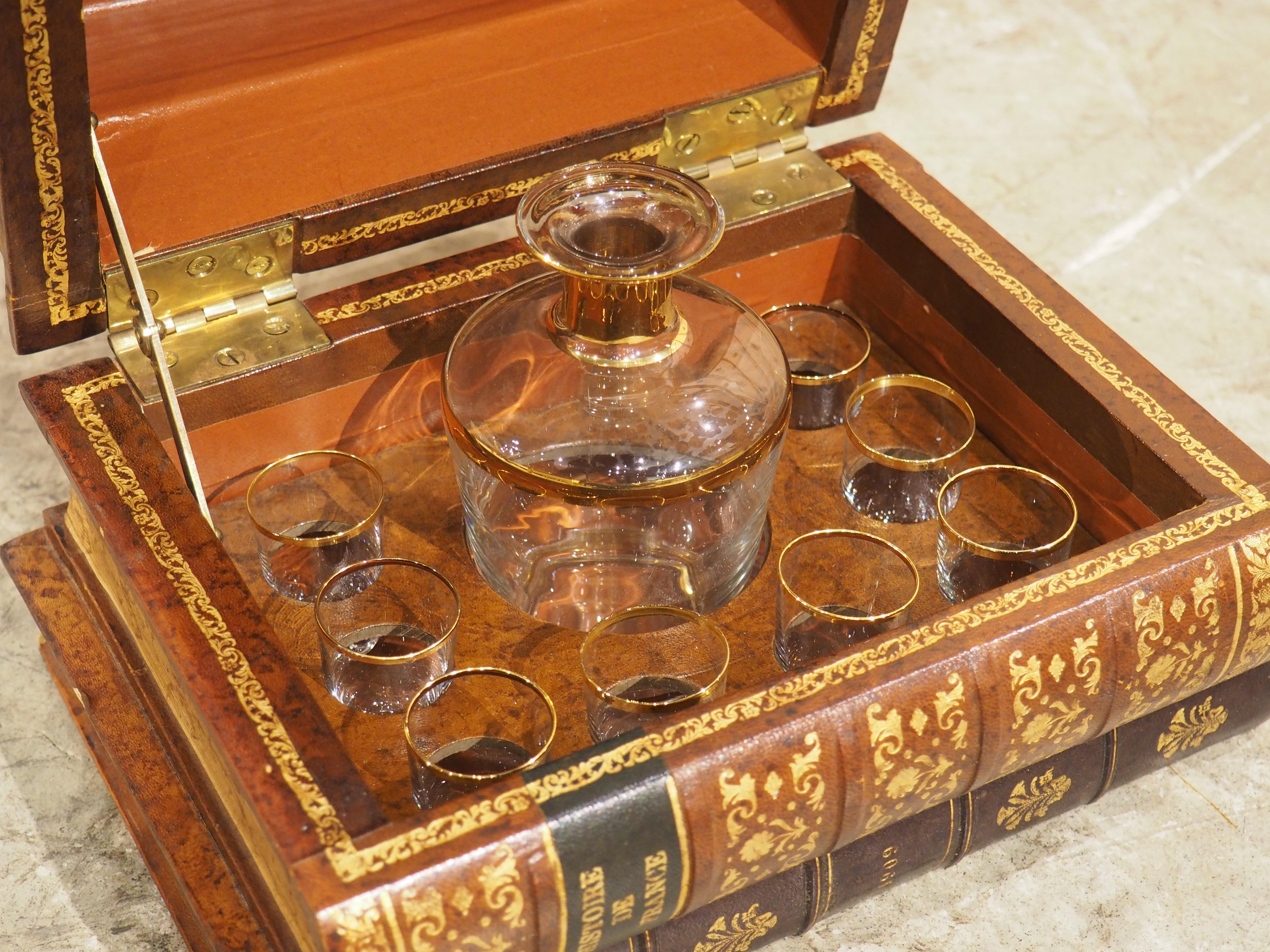 20th Century Early 1900s French Leather Faux Book Stack Cave a Liqueur