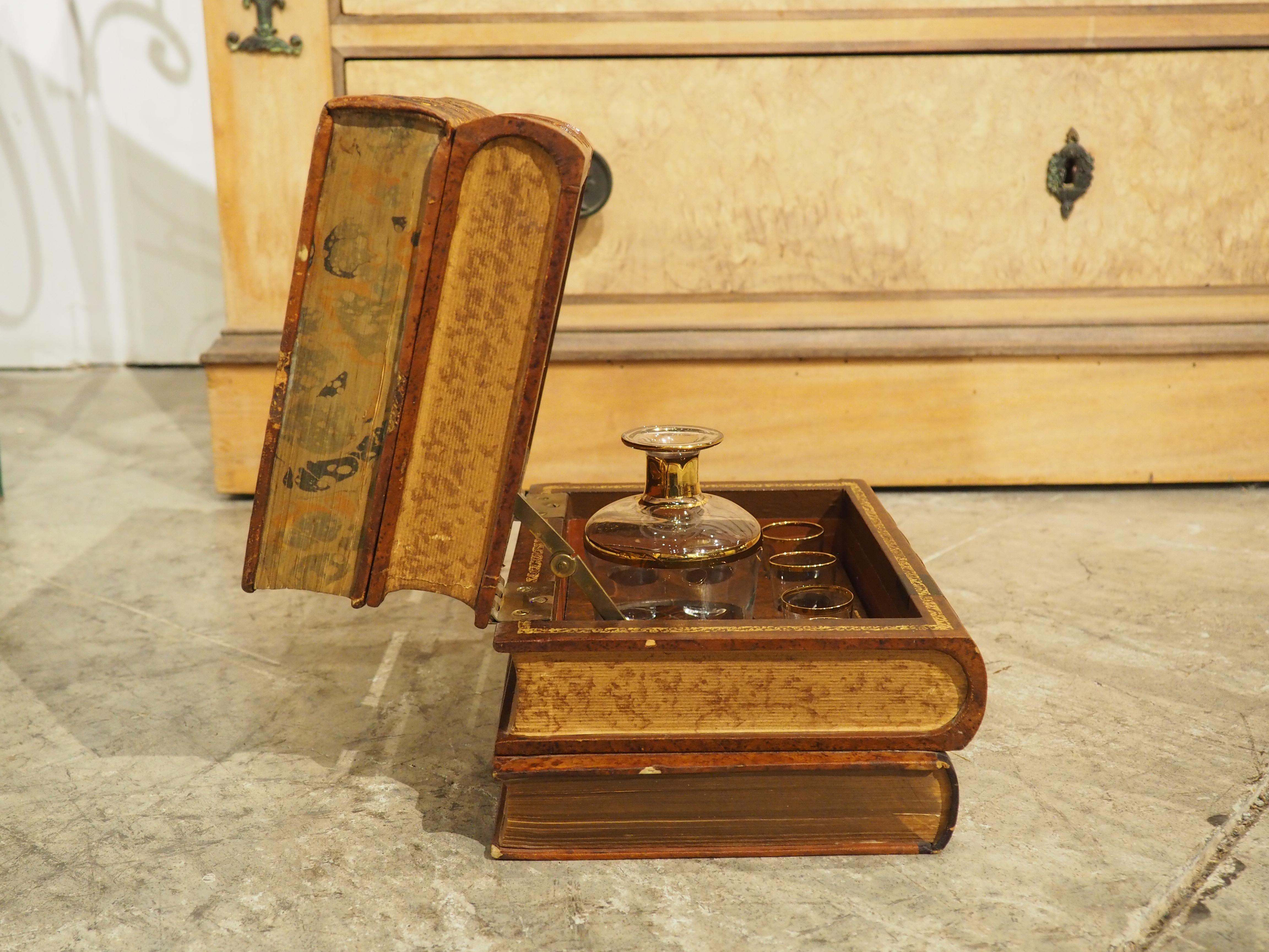 Metal Early 1900s French Leather Faux Book Stack Cave a Liqueur