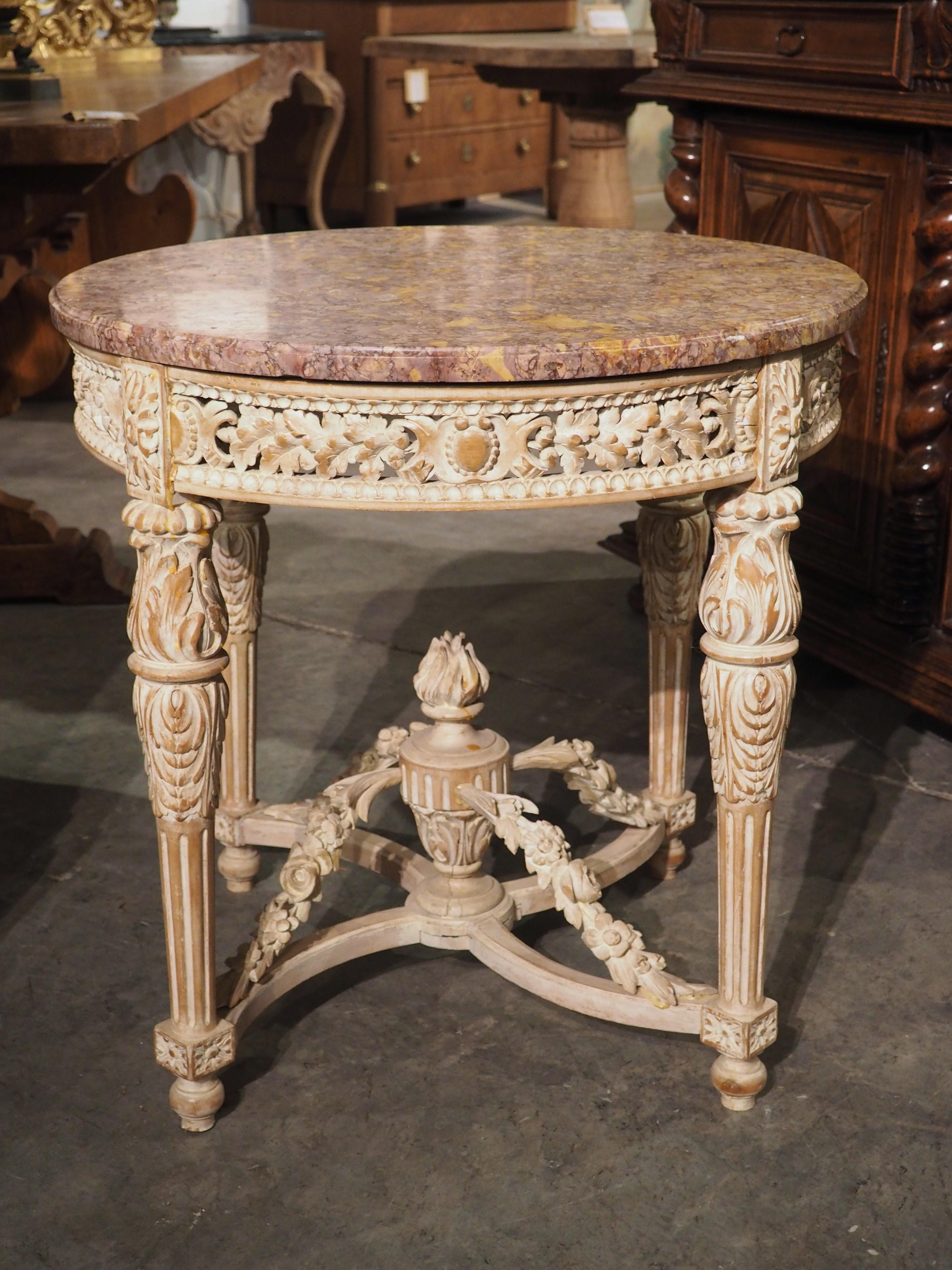 Early 1900s French Louis XVI Style Parcel Painted Side Table with Marble Top 5