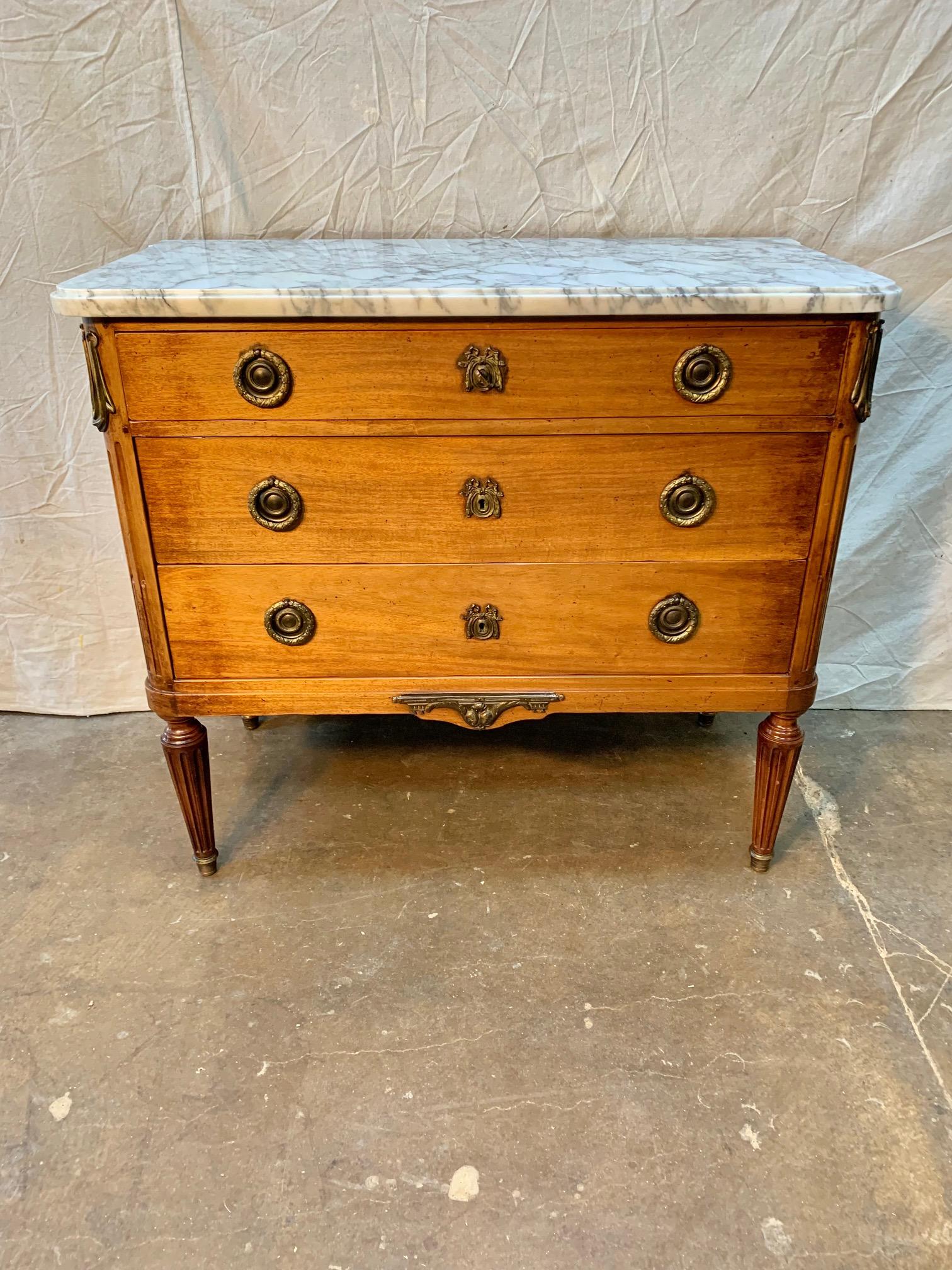 Hand-Crafted Early 1900s French Louis XVI Walnut Chest of Drawers with Marble Top