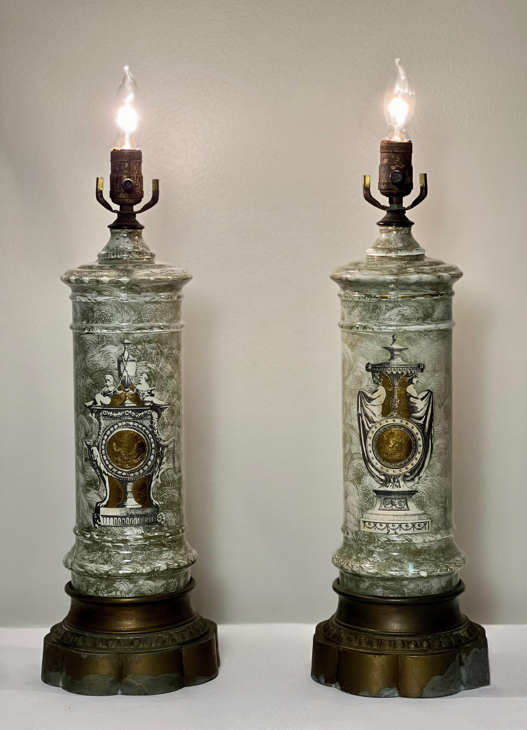 Early 1900s French Neoclassical Reverse Painted Églomisé Lamps, Pair For Sale 7