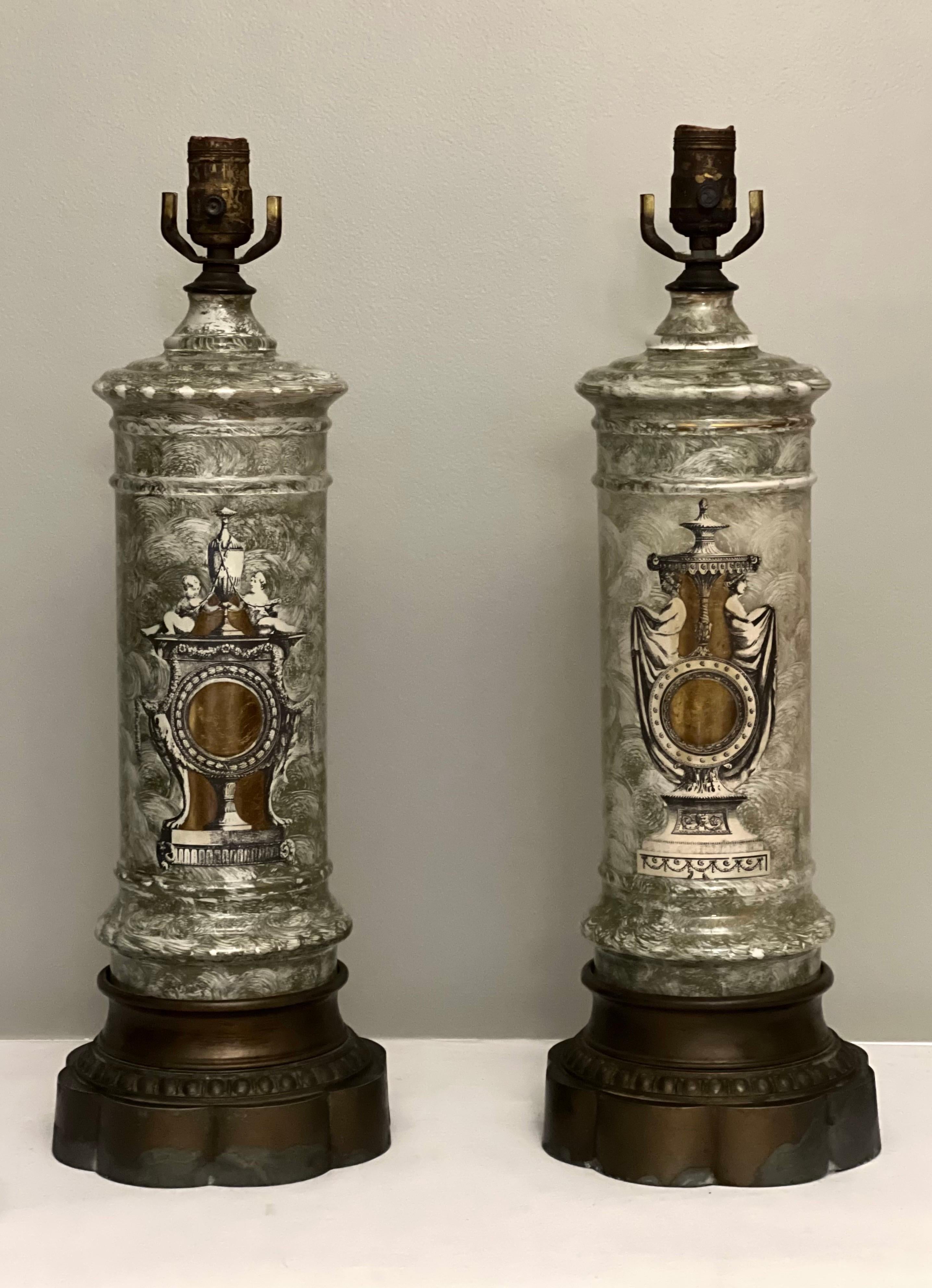 Early 1900s French Neoclassical Reverse Painted Églomisé Lamps, Pair For Sale 8