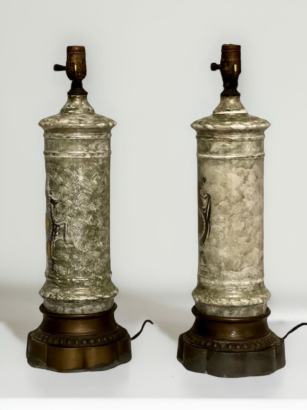 Neoclassical Revival Early 1900s French Neoclassical Reverse Painted Églomisé Lamps, Pair For Sale