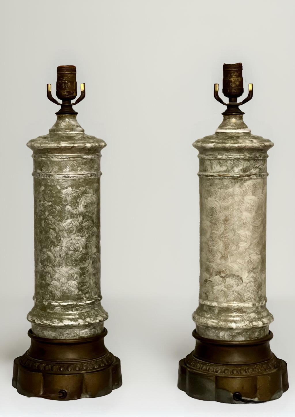 Hand-Painted Early 1900s French Neoclassical Reverse Painted Églomisé Lamps, Pair For Sale