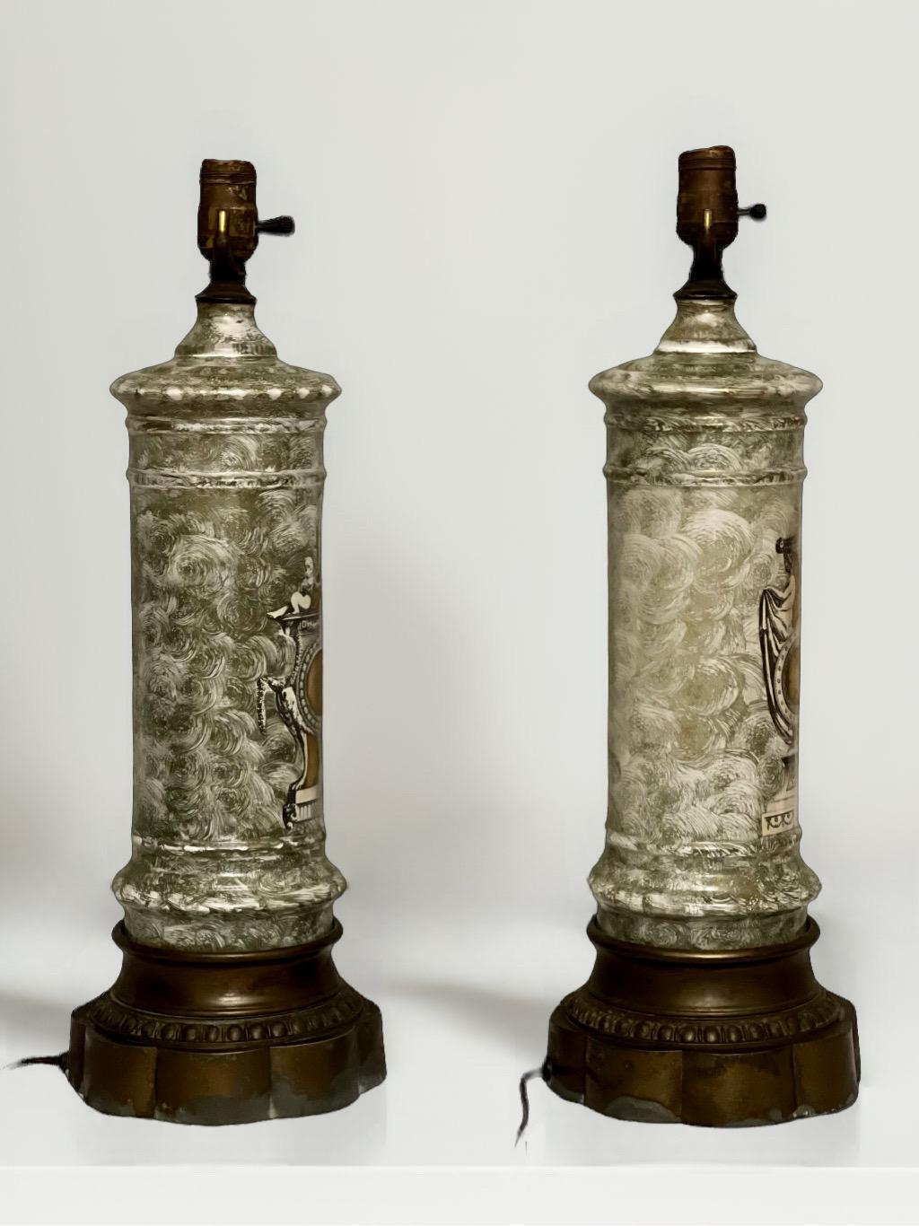 Early 1900s French Neoclassical Reverse Painted Églomisé Lamps, Pair In Good Condition For Sale In Doylestown, PA