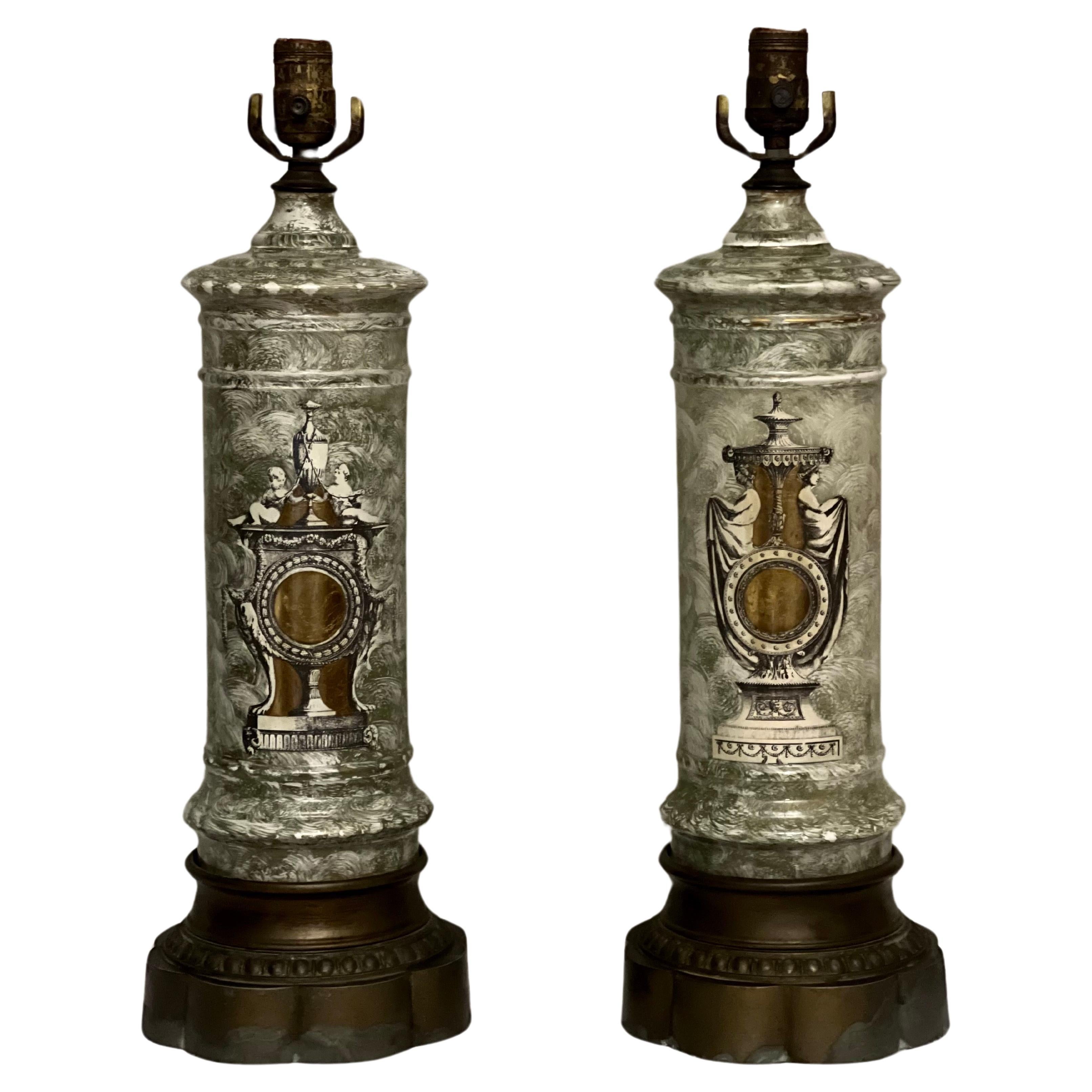 Early 1900s French Neoclassical Reverse Painted Églomisé Lamps, Pair