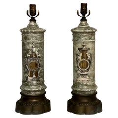 Early 1900s French Neoclassical Reverse Painted Églomisé Lamps, Pair