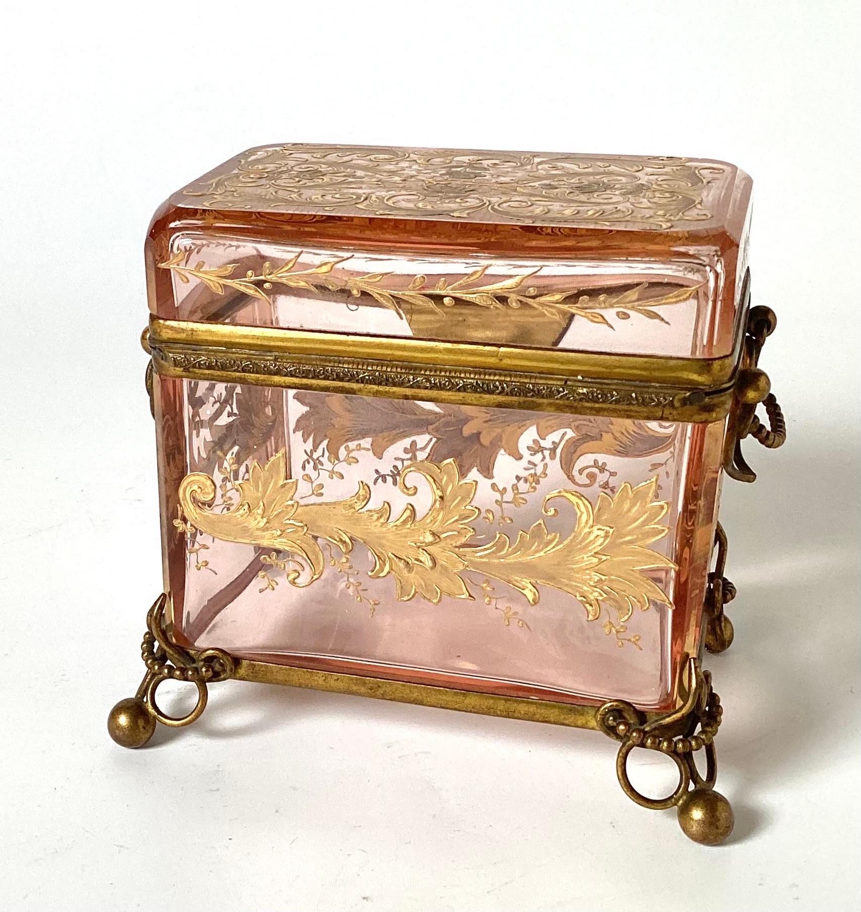 Belle Époque Early 1900's French Pink Glass Dresser Box With Gilt Decoration & Brass Mounts For Sale