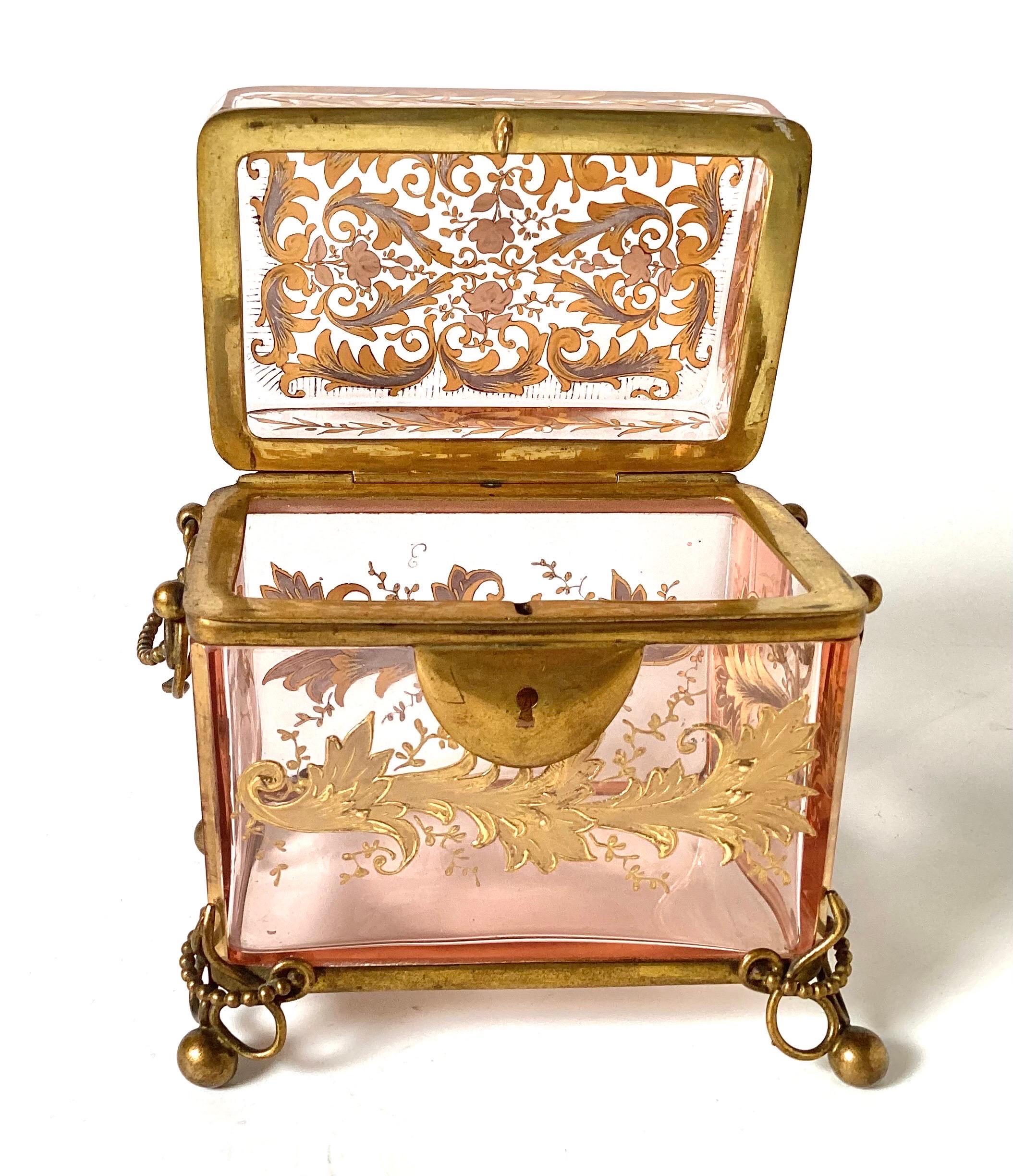 19th Century Early 1900's French Pink Glass Dresser Box With Gilt Decoration & Brass Mounts For Sale