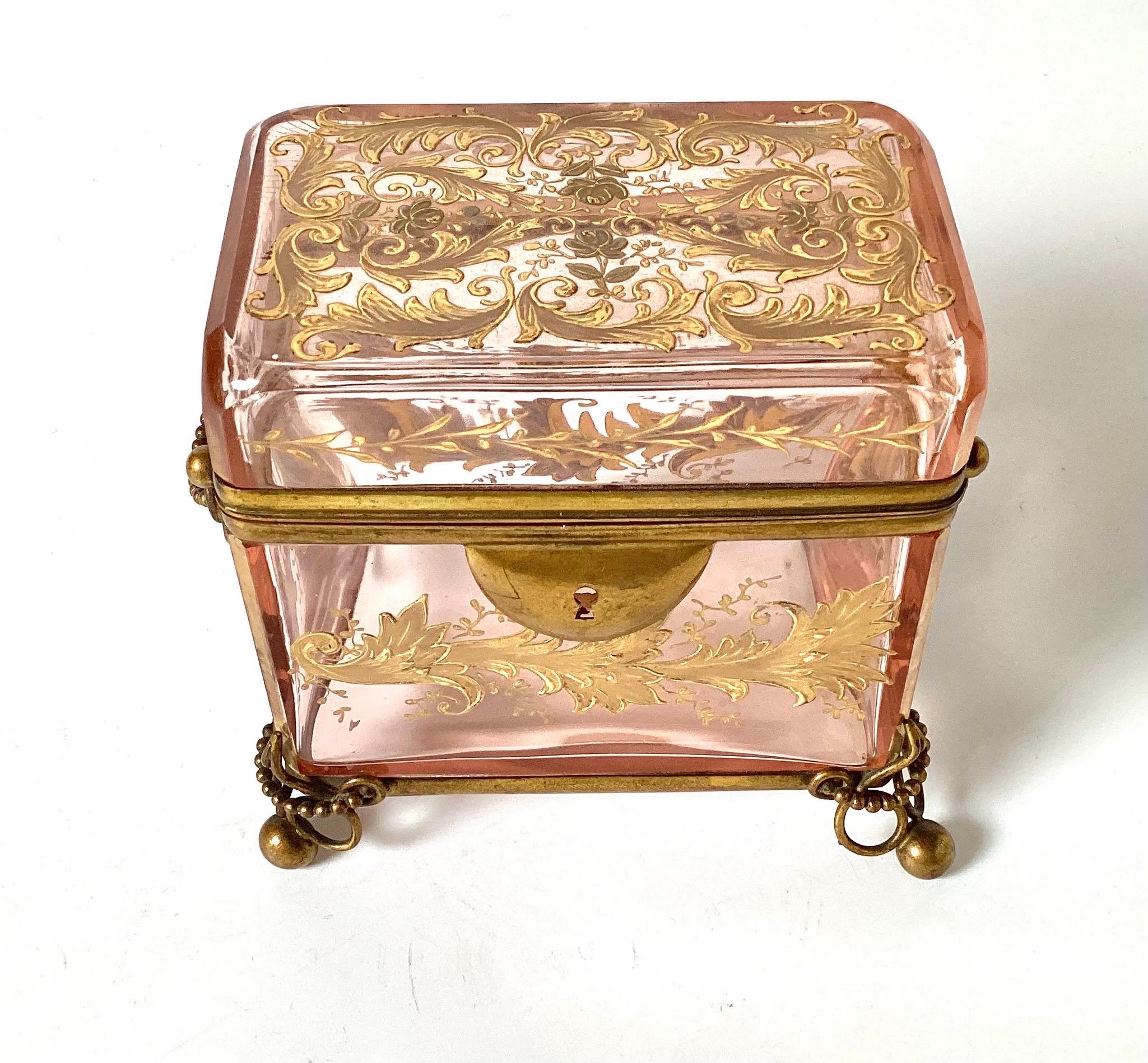 Early 1900's French Pink Glass Dresser Box With Gilt Decoration & Brass Mounts For Sale 1