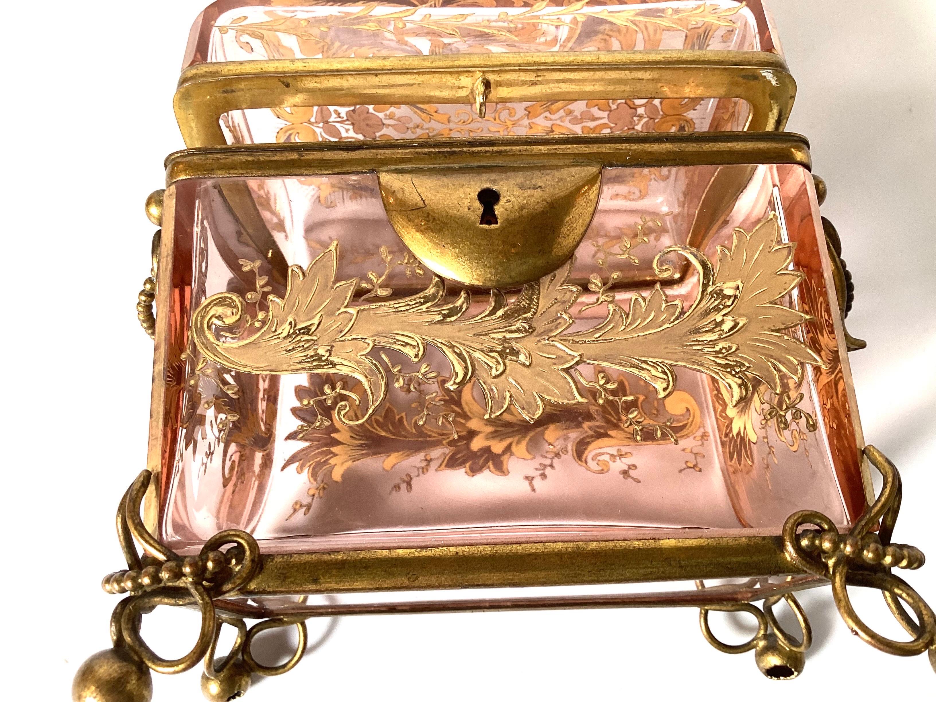 Early 1900's French Pink Glass Dresser Box With Gilt Decoration & Brass Mounts For Sale 3
