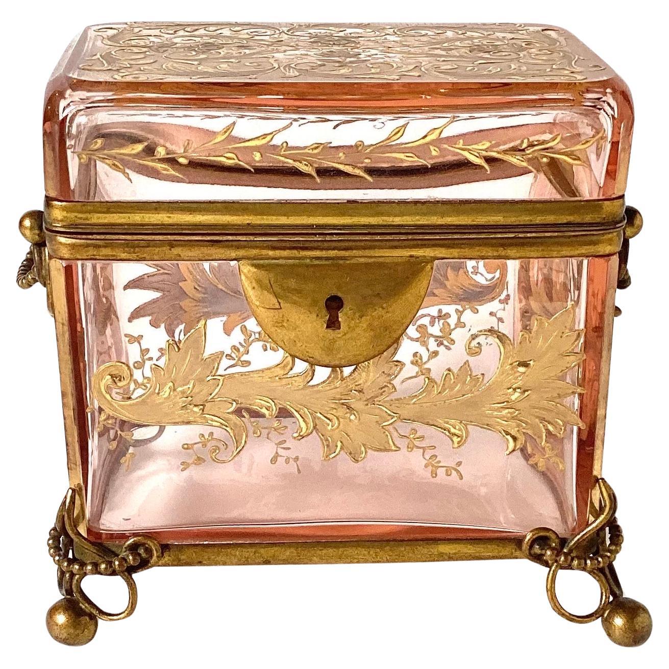 Early 1900's French Pink Glass Dresser Box With Gilt Decoration & Brass Mounts