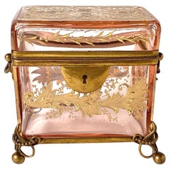 Antique Early 1900's French Pink Glass Dresser Box With Gilt Decoration & Brass Mounts