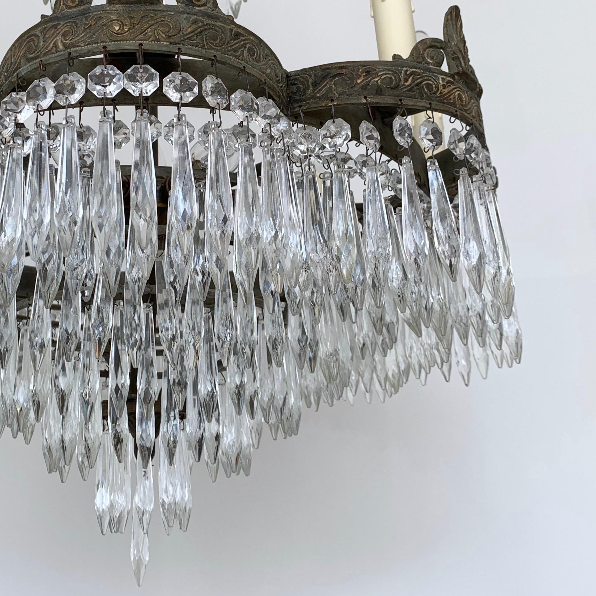 Early 1900s French Waterfall Petal Frame Chandelier with Glass Icicle Drops For Sale 5