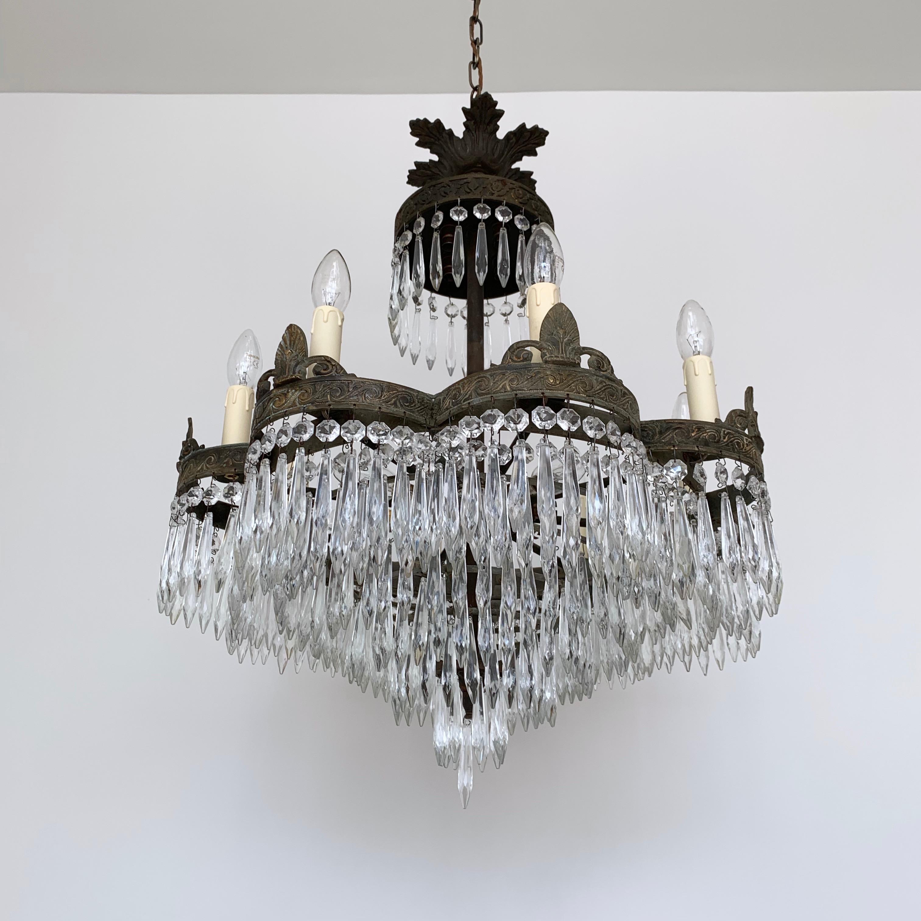 Early 1900s French Waterfall Petal Frame Chandelier with Glass Icicle Drops In Good Condition For Sale In Stockport, GB