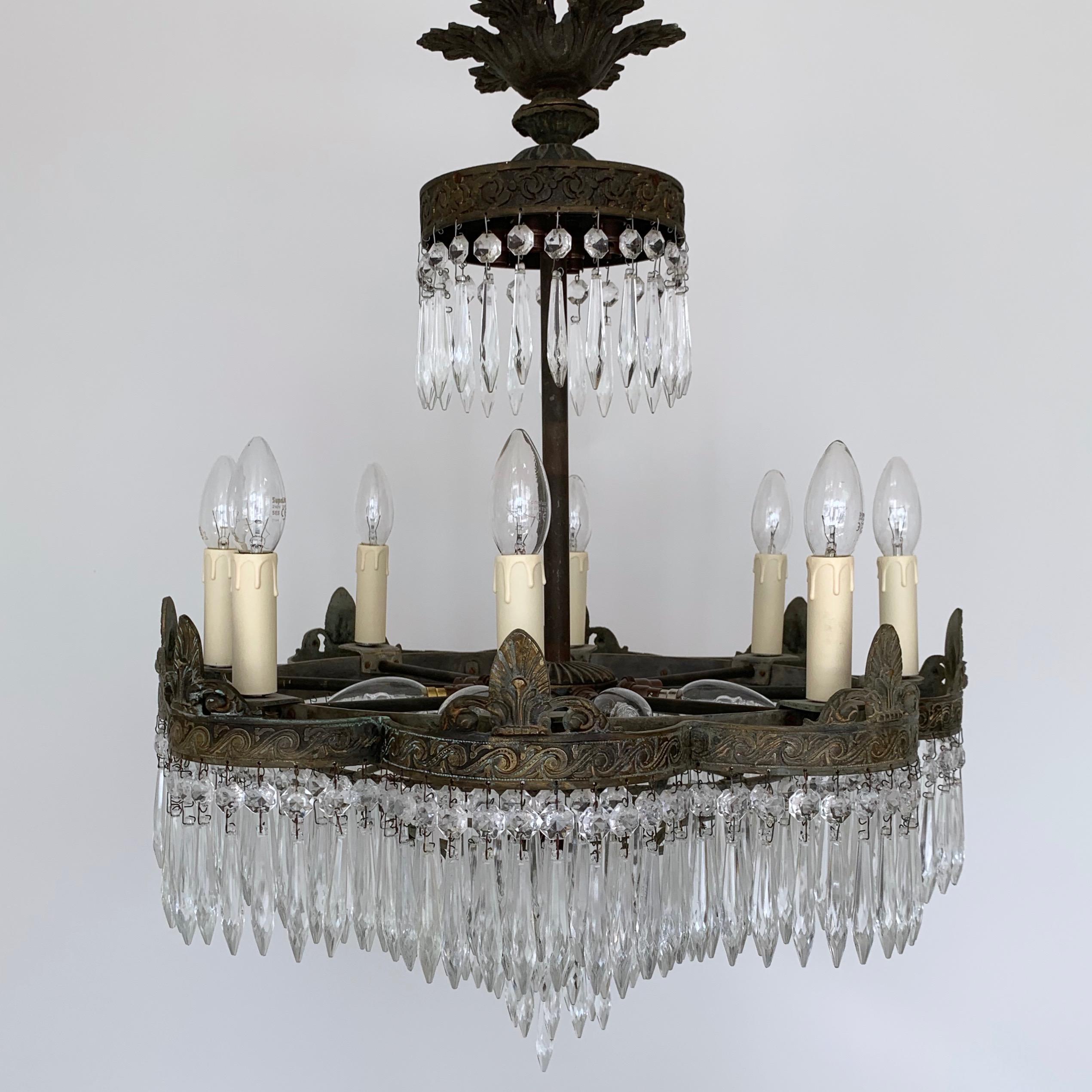 20th Century Early 1900s French Waterfall Petal Frame Chandelier with Glass Icicle Drops For Sale