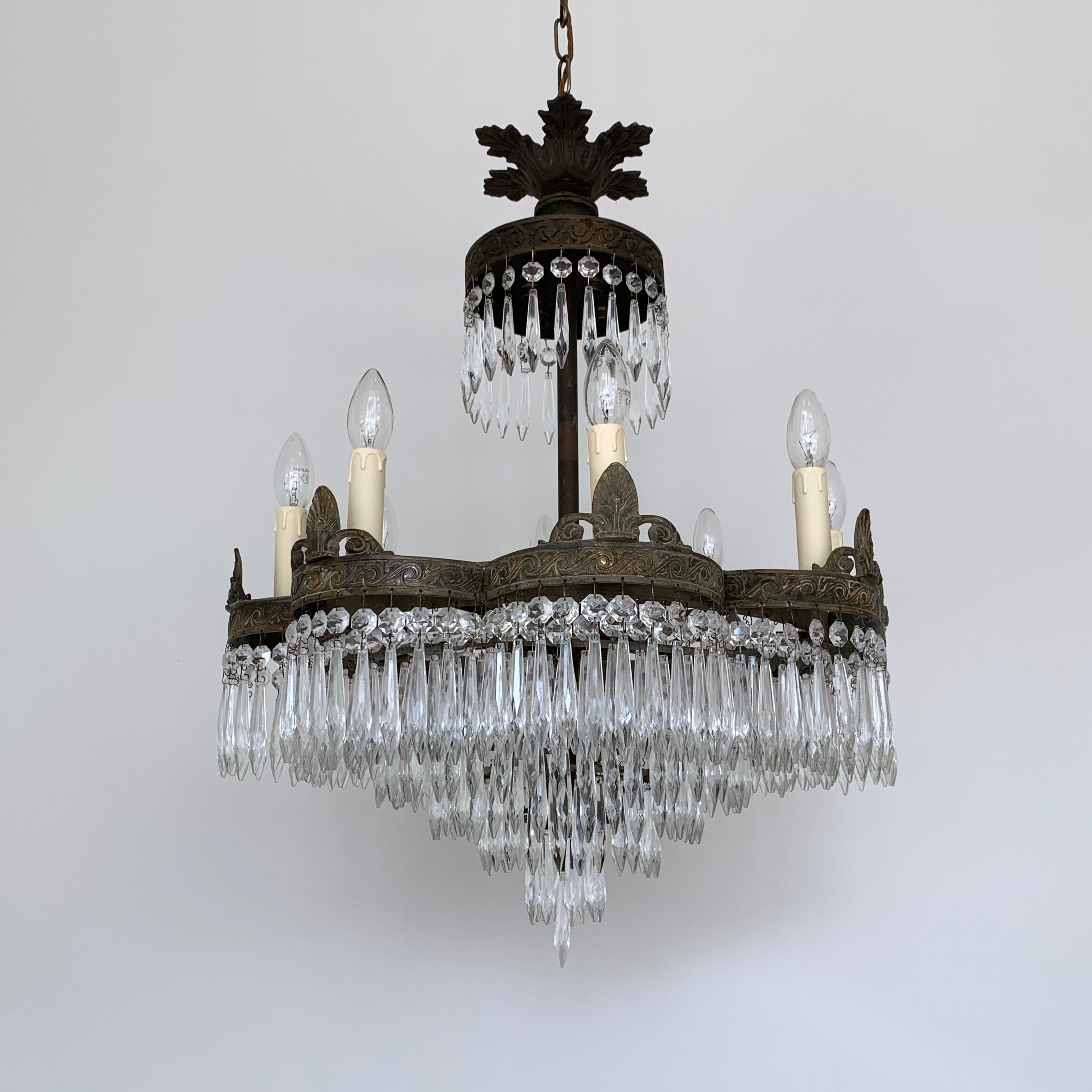 Brass Early 1900s French Waterfall Petal Frame Chandelier with Glass Icicle Drops For Sale