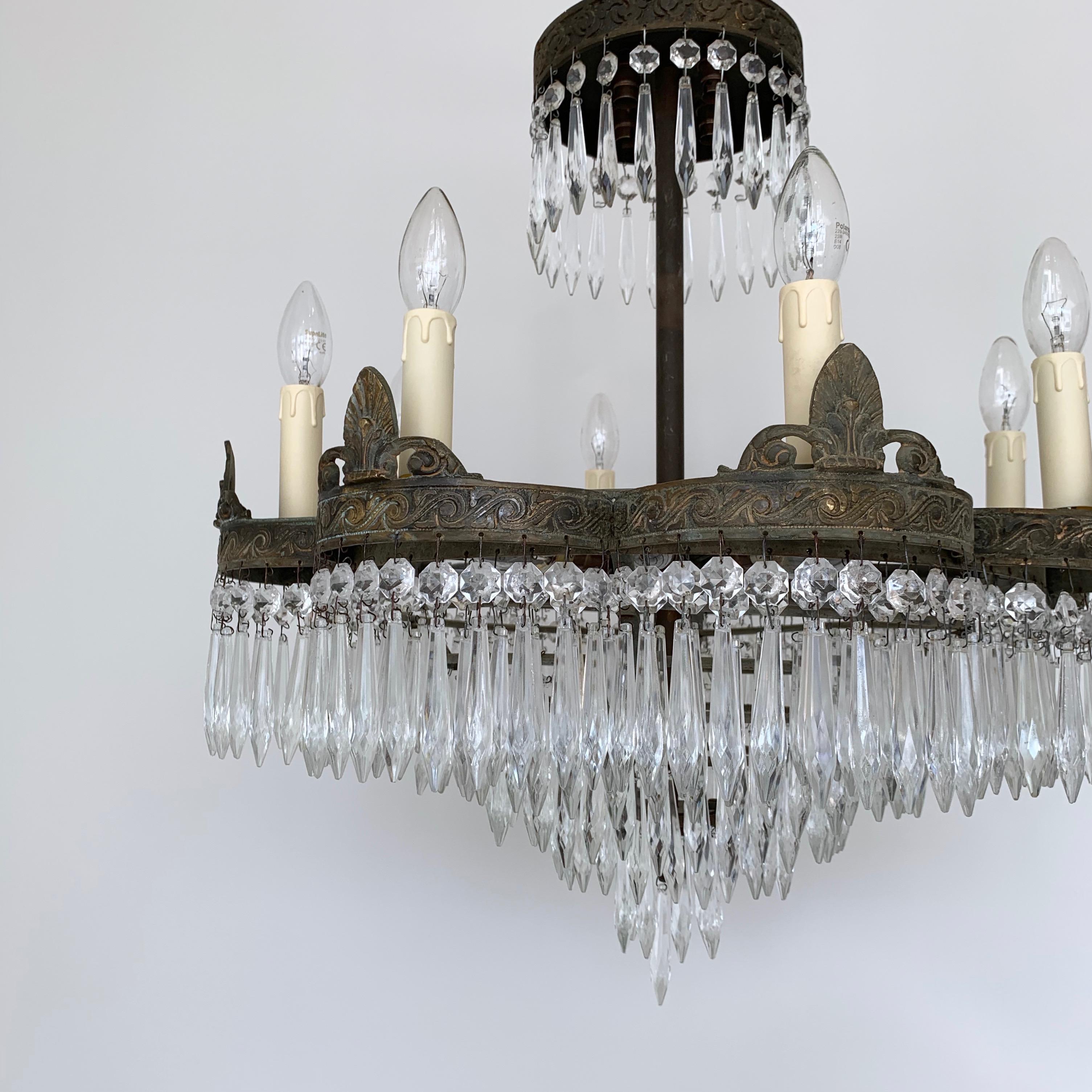 Early 1900s French Waterfall Petal Frame Chandelier with Glass Icicle Drops For Sale 2