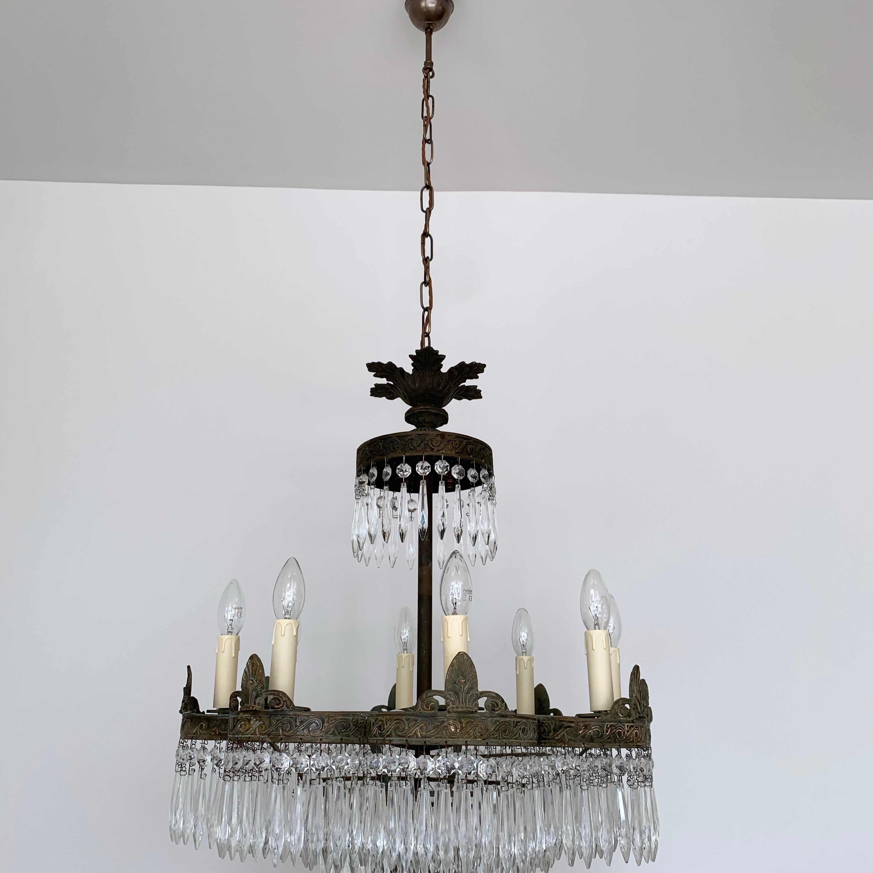Early 1900s French Waterfall Petal Frame Chandelier with Glass Icicle Drops For Sale 3