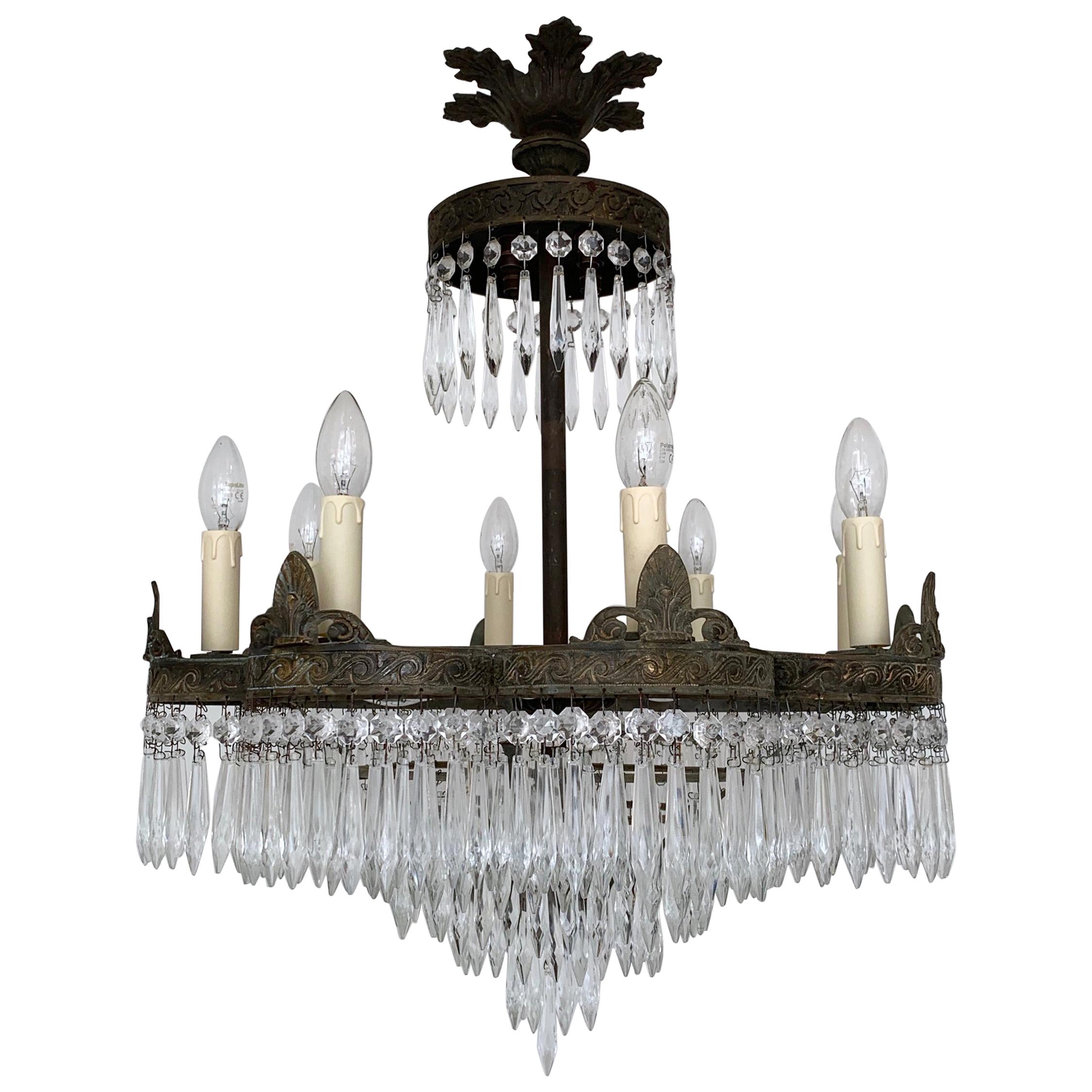 Early 1900s French Waterfall Petal Frame Chandelier with Glass Icicle Drops For Sale