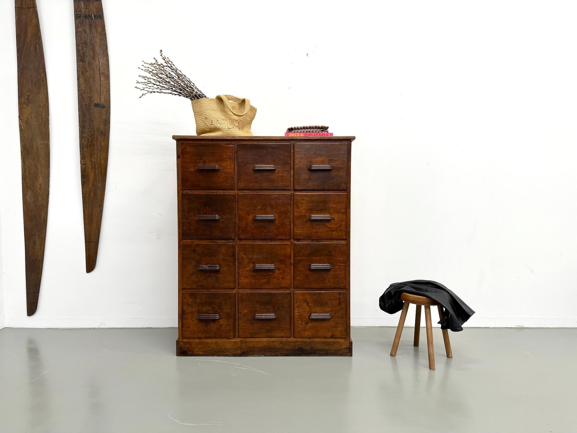 Armadio da laboratorio dei primi del '900 con 12 cassetti.
Completamente restaurato e verniciato, questo pezzo in pino massiccio conserva le maniglie originali in legno modellato e una patina marrone intenso.

Alcune incisioni e marcature originali