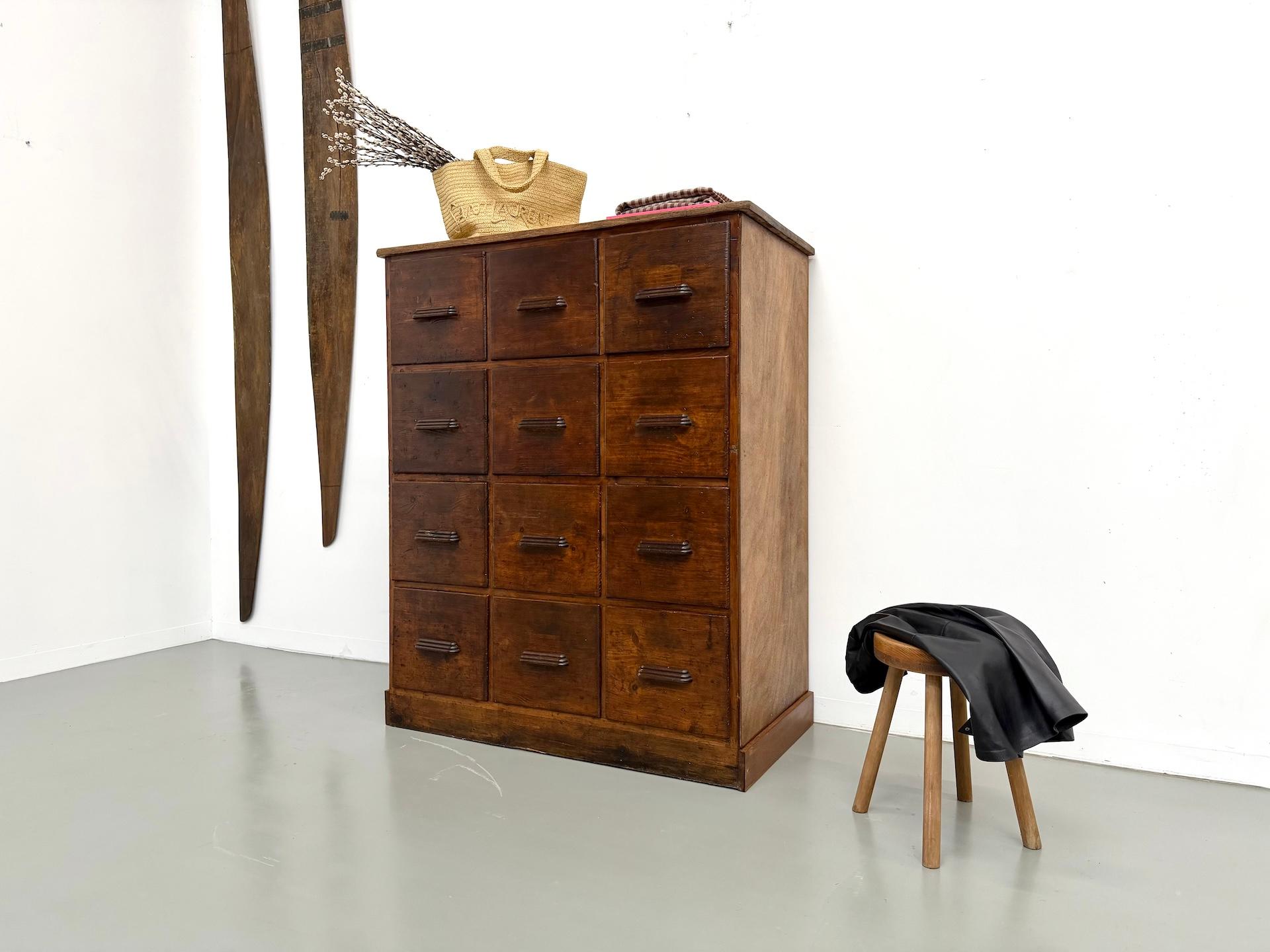 Stile provenzale Armadio da laboratorio francese dei primi del '900 con 12 cassetti. in vendita