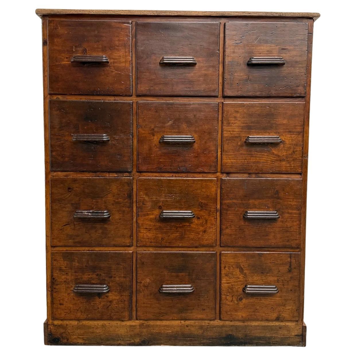 Early 1900s french workshop cabinet with 12 drawers.