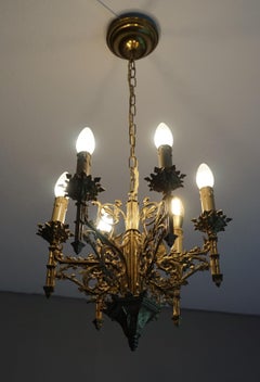 Early 1900s Gilt Gothic Revival Chandelier / Pendant w. Winged Dragon Sculptures