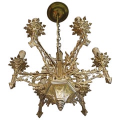 Early 1900s Gilt Gothic Revival Chandelier / Pendant w. Winged Dragon Sculptures