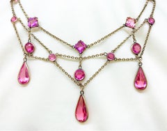 Early 1900s Gold-Filled and Pink Faceted Glass Festoon Necklace