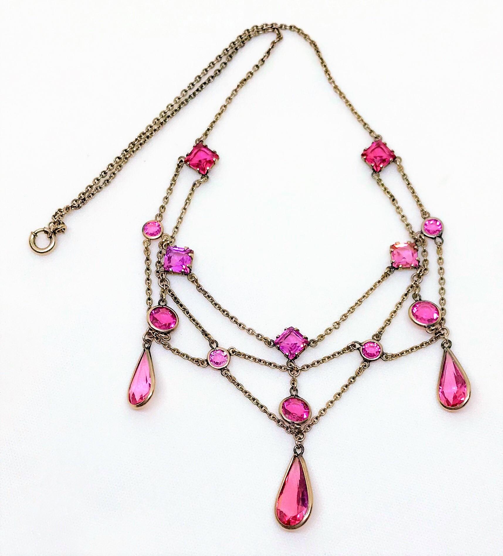 Early 1900s Gold-Filled and Pink Faceted Glass Festoon Necklace In Good Condition For Sale In Long Beach, CA