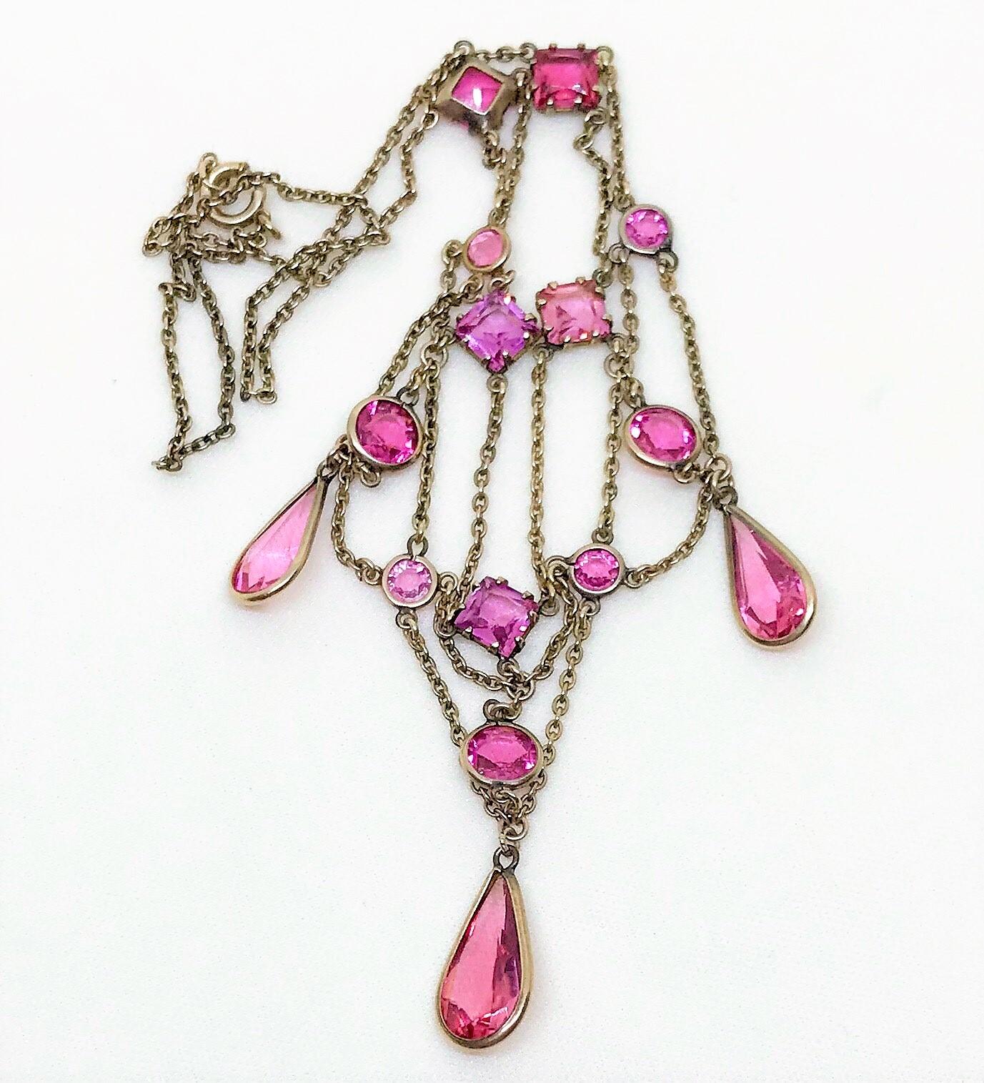 Women's Early 1900s Gold-Filled and Pink Faceted Glass Festoon Necklace For Sale