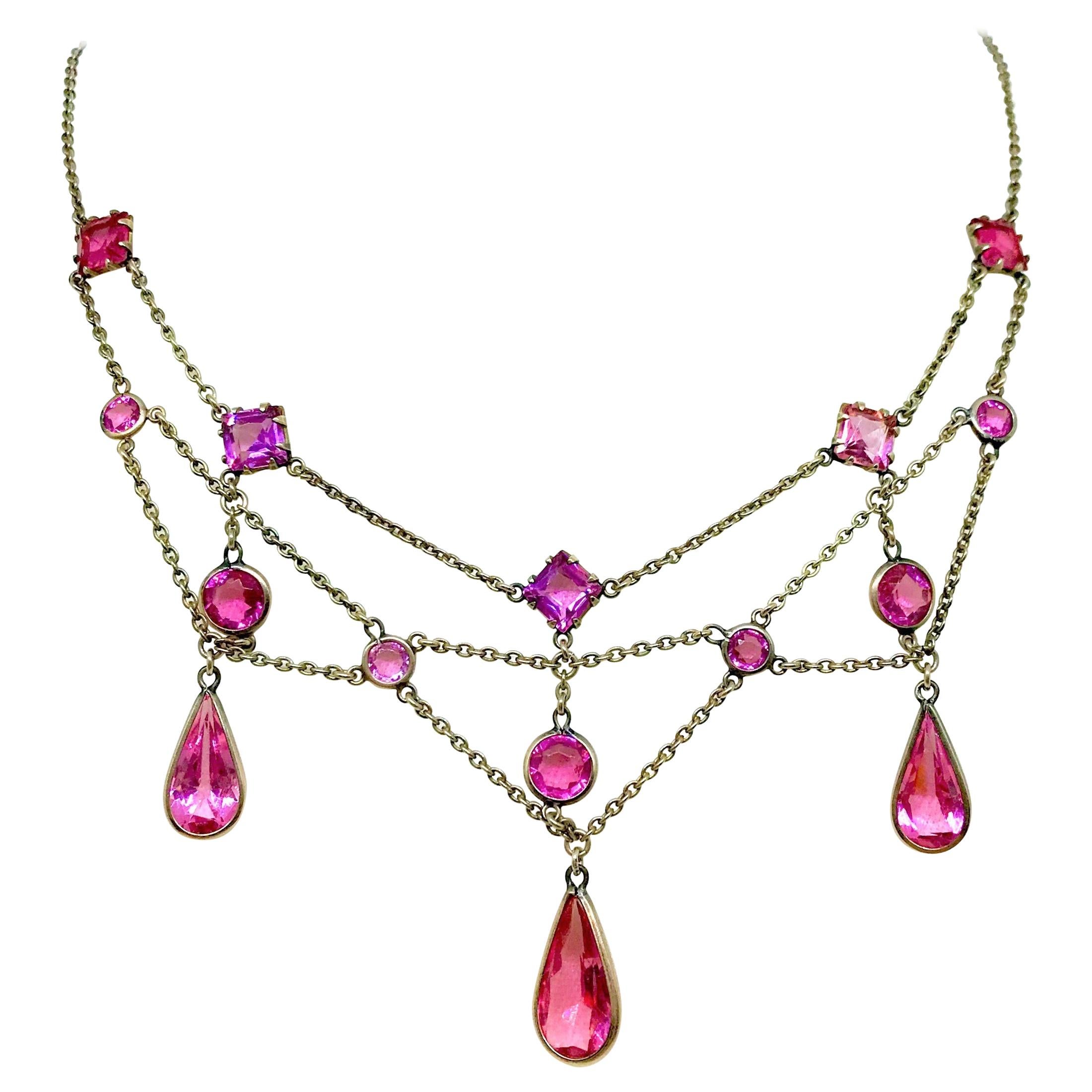 Early 1900s Gold-Filled and Pink Faceted Glass Festoon Necklace For Sale