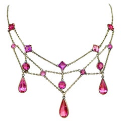 Early 1900s Gold-Filled and Pink Faceted Glass Festoon Necklace