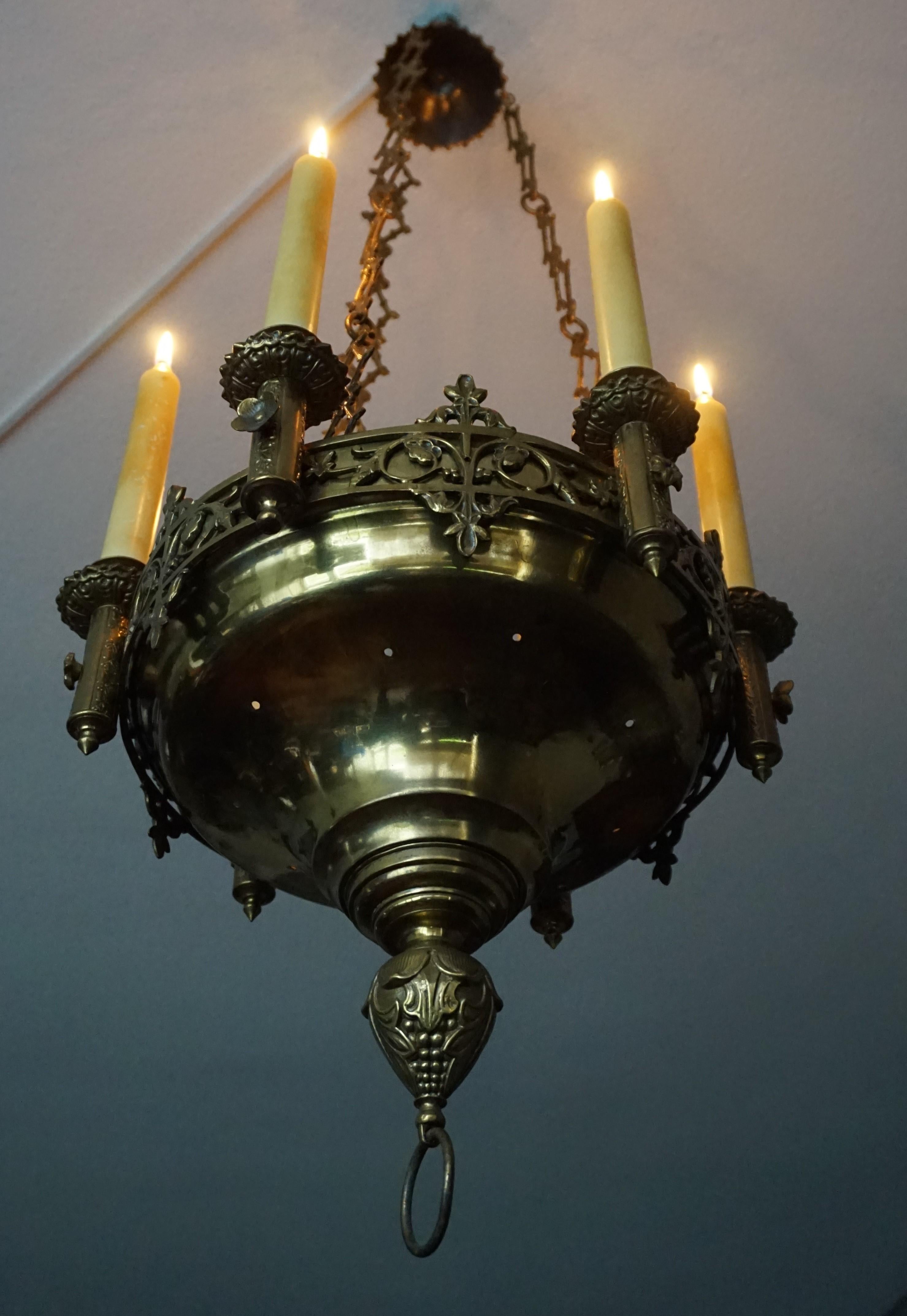 Early 1900s Gothic Revival Brass and Bronze Church Candle Chandelier / Pendant For Sale 1