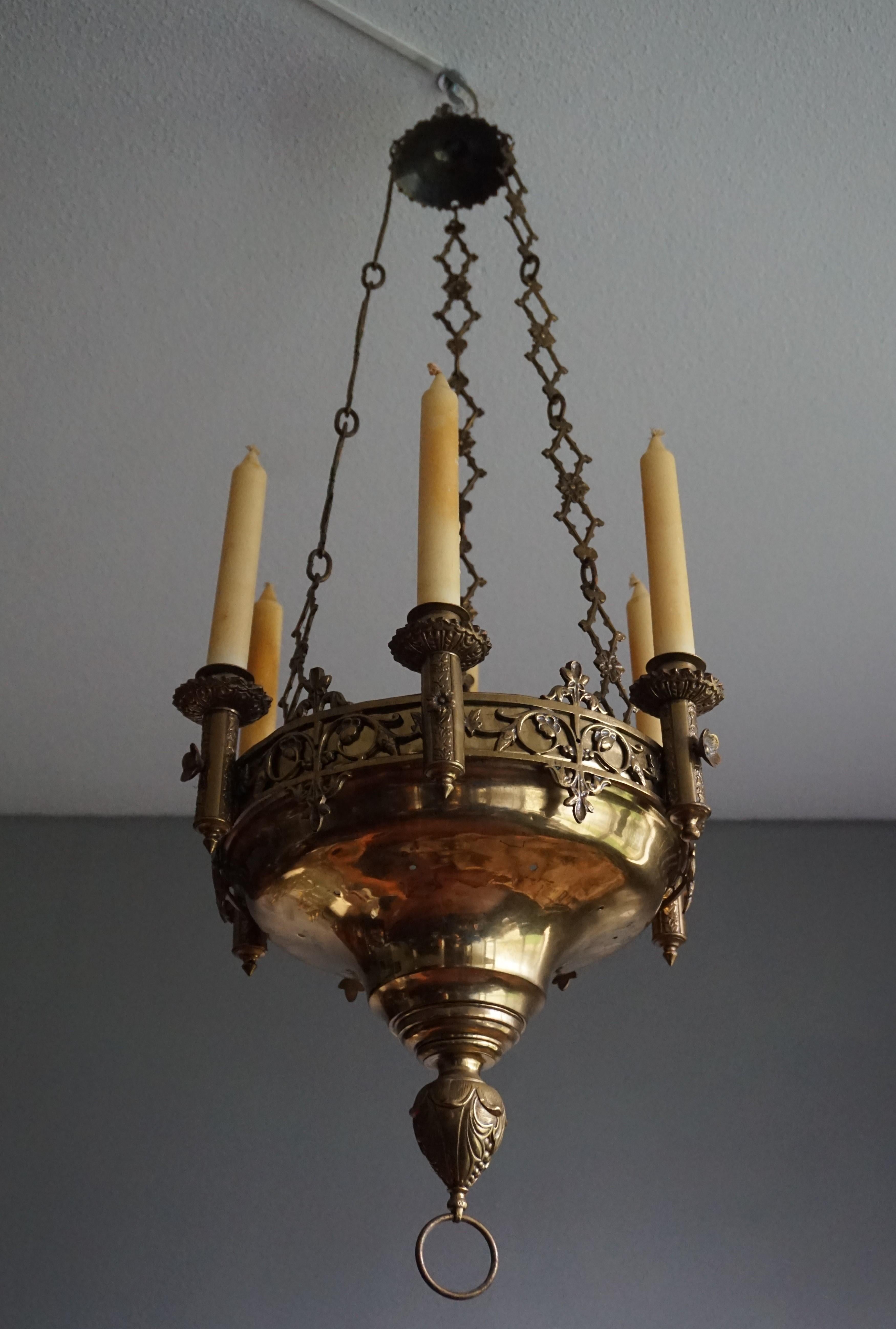 Early 1900s Gothic Revival Brass and Bronze Church Candle Chandelier / Pendant For Sale 2