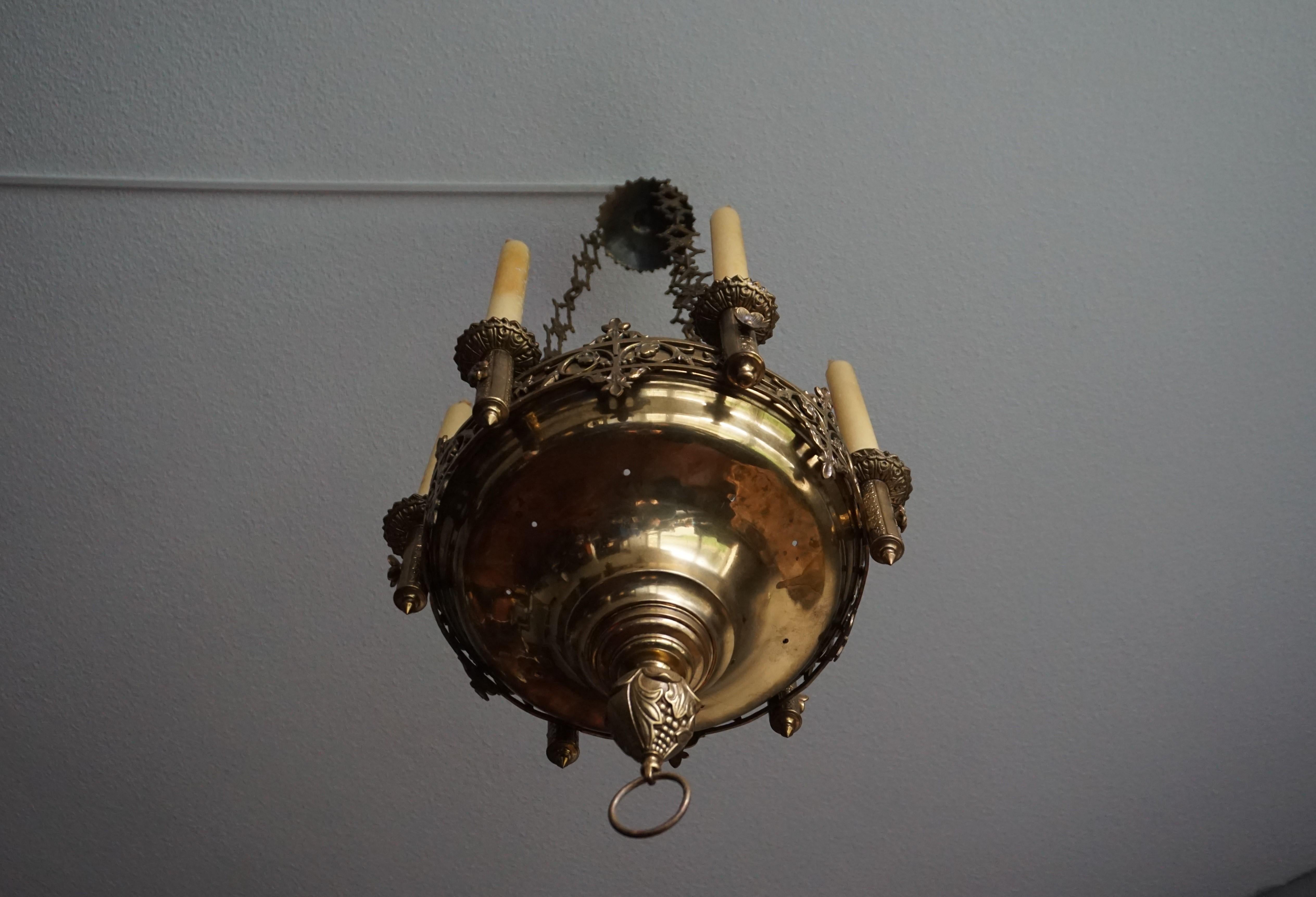 Early 1900s Gothic Revival Brass and Bronze Church Candle Chandelier / Pendant For Sale 5