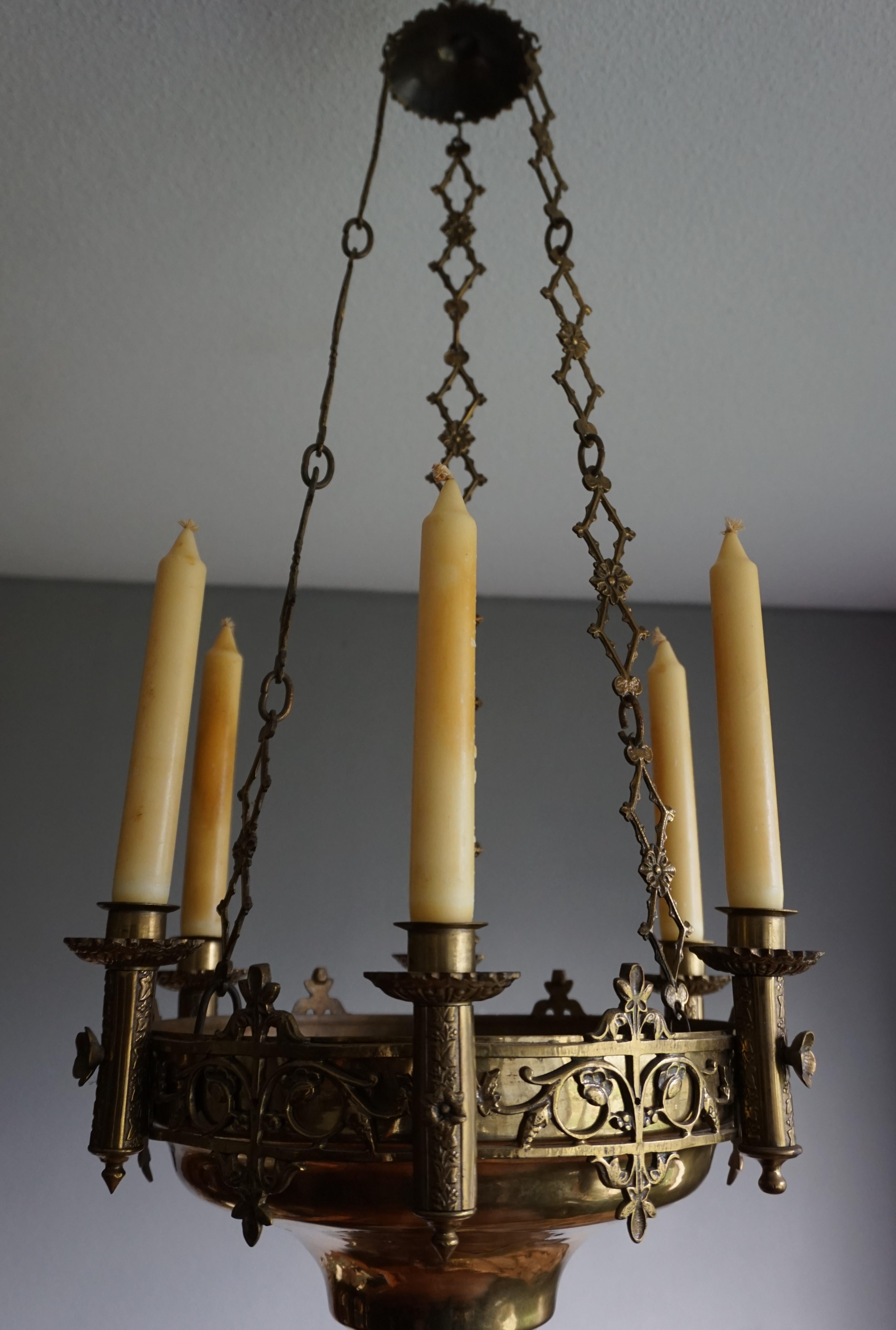 Early 1900s Gothic Revival Brass and Bronze Church Candle Chandelier / Pendant For Sale 7