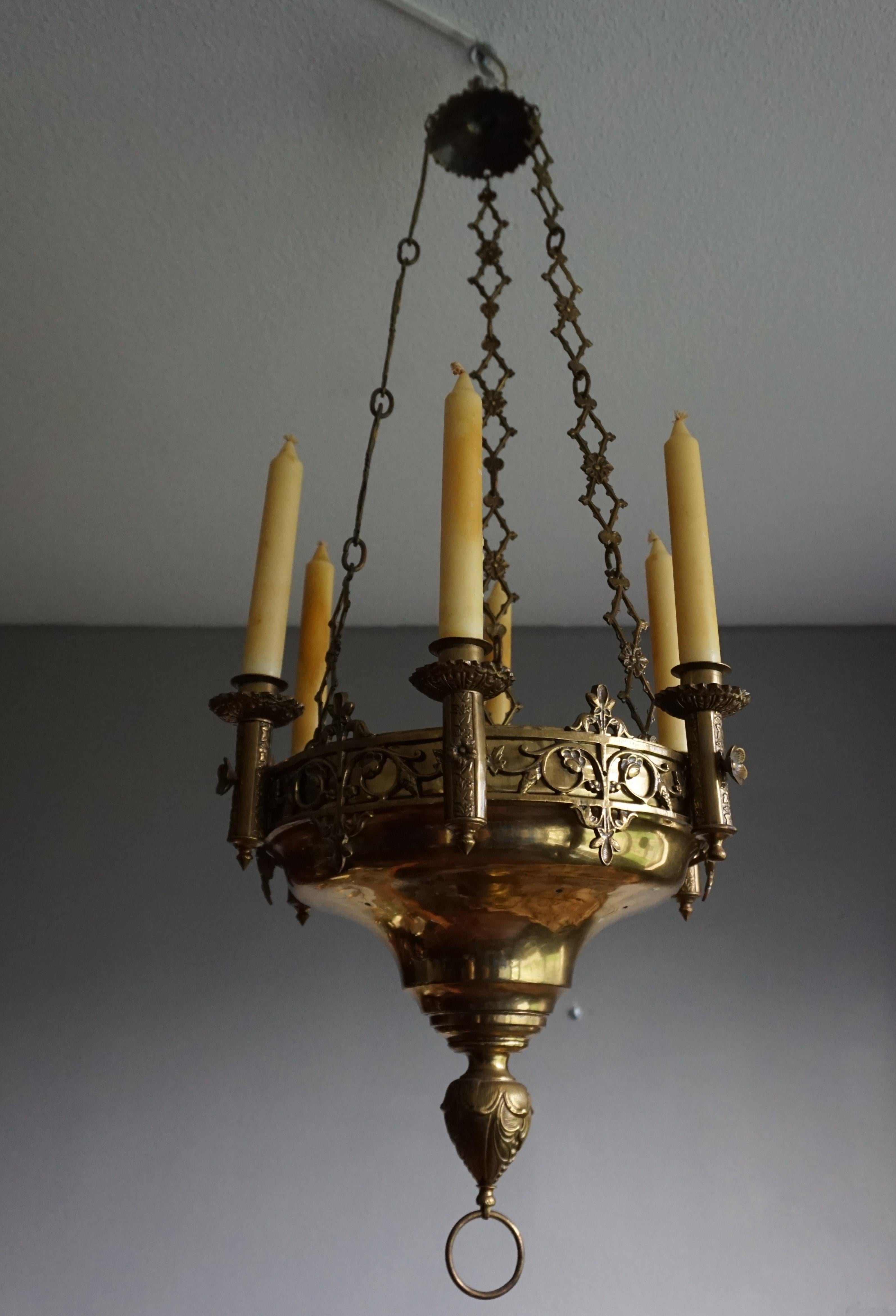 Early 1900s Gothic Revival Brass and Bronze Church Candle Chandelier / Pendant For Sale 9