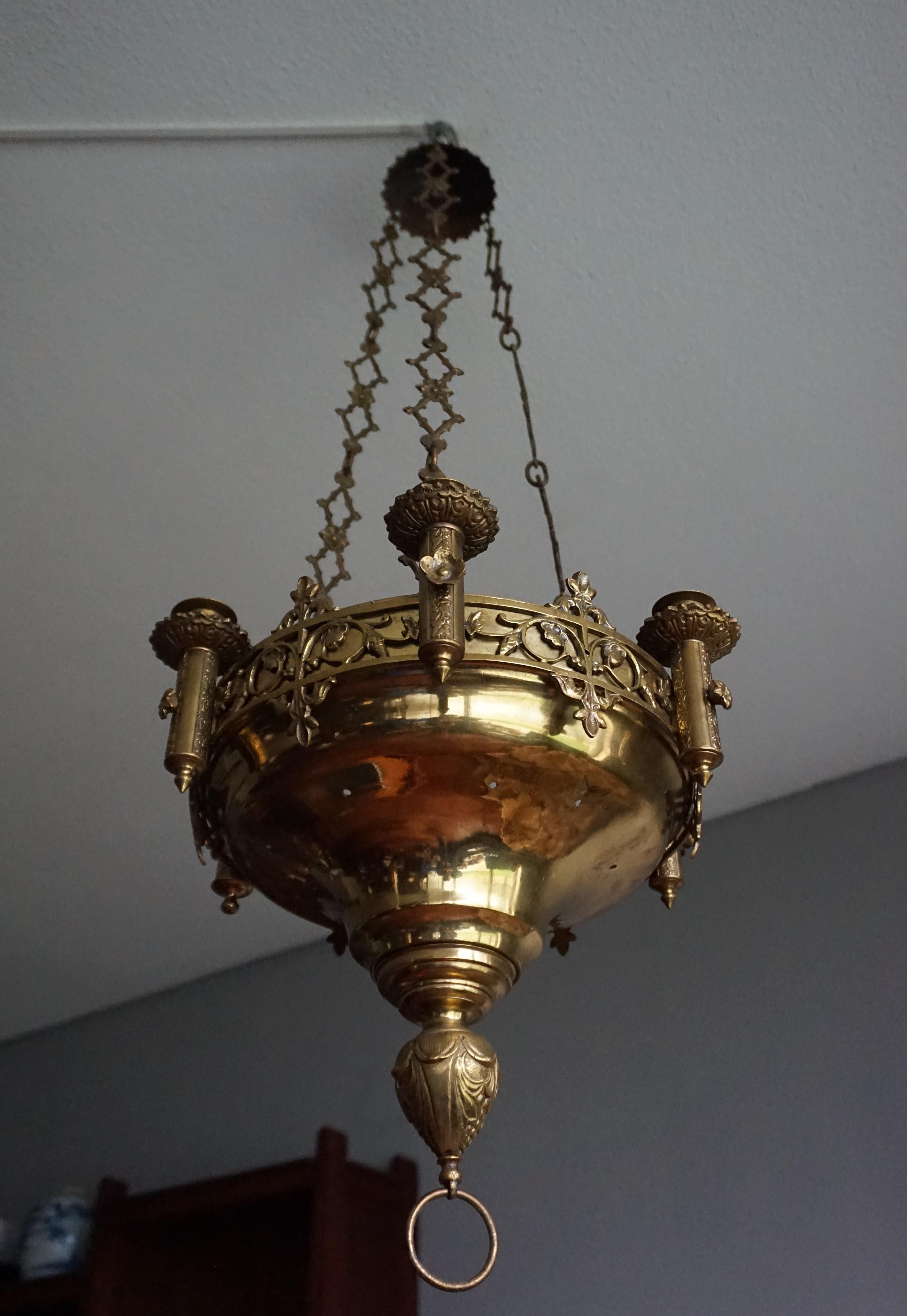 Early 1900s Gothic Revival Brass and Bronze Church Candle Chandelier / Pendant For Sale 10