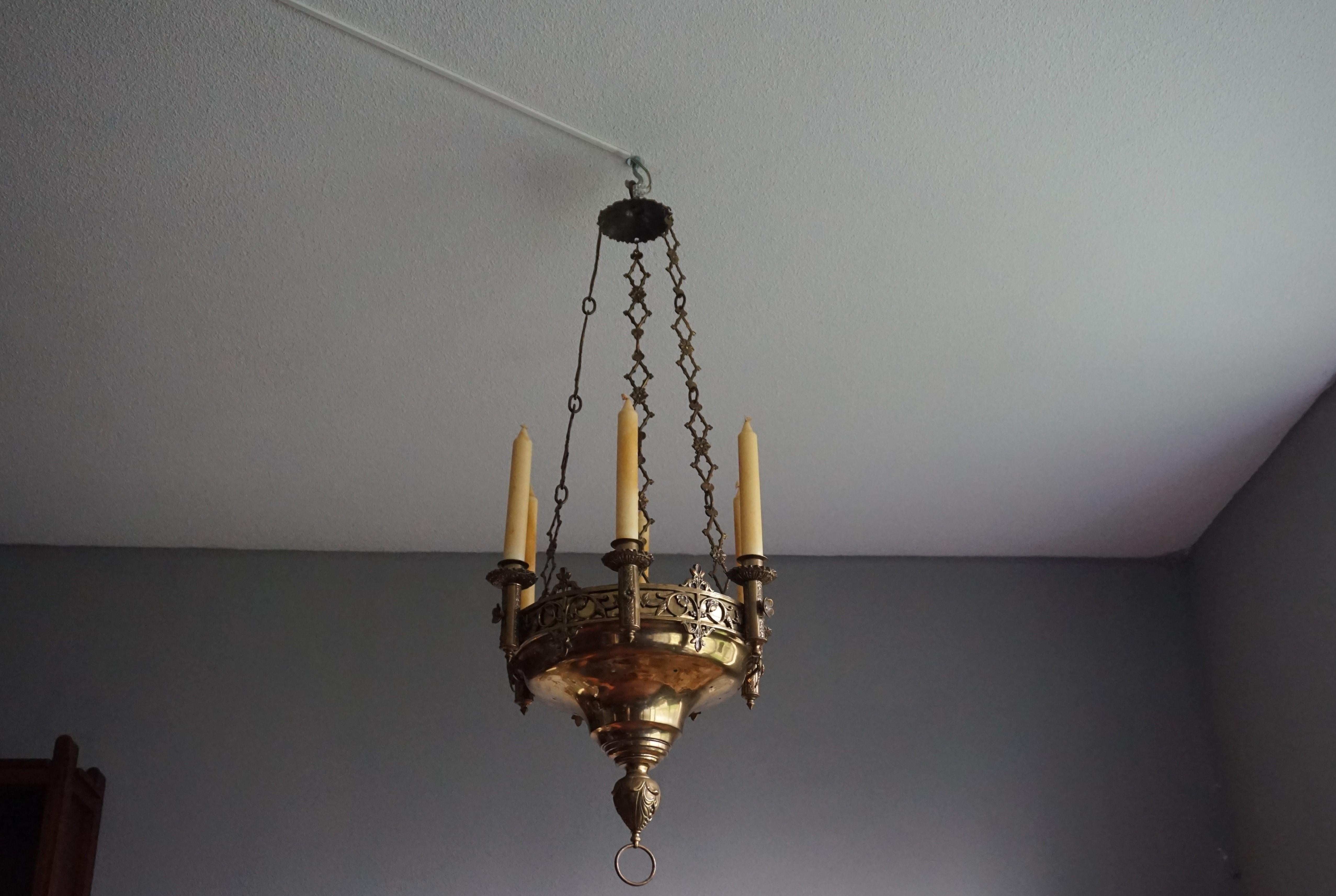 Early 1900s Gothic Revival Brass and Bronze Church Candle Chandelier / Pendant For Sale 11