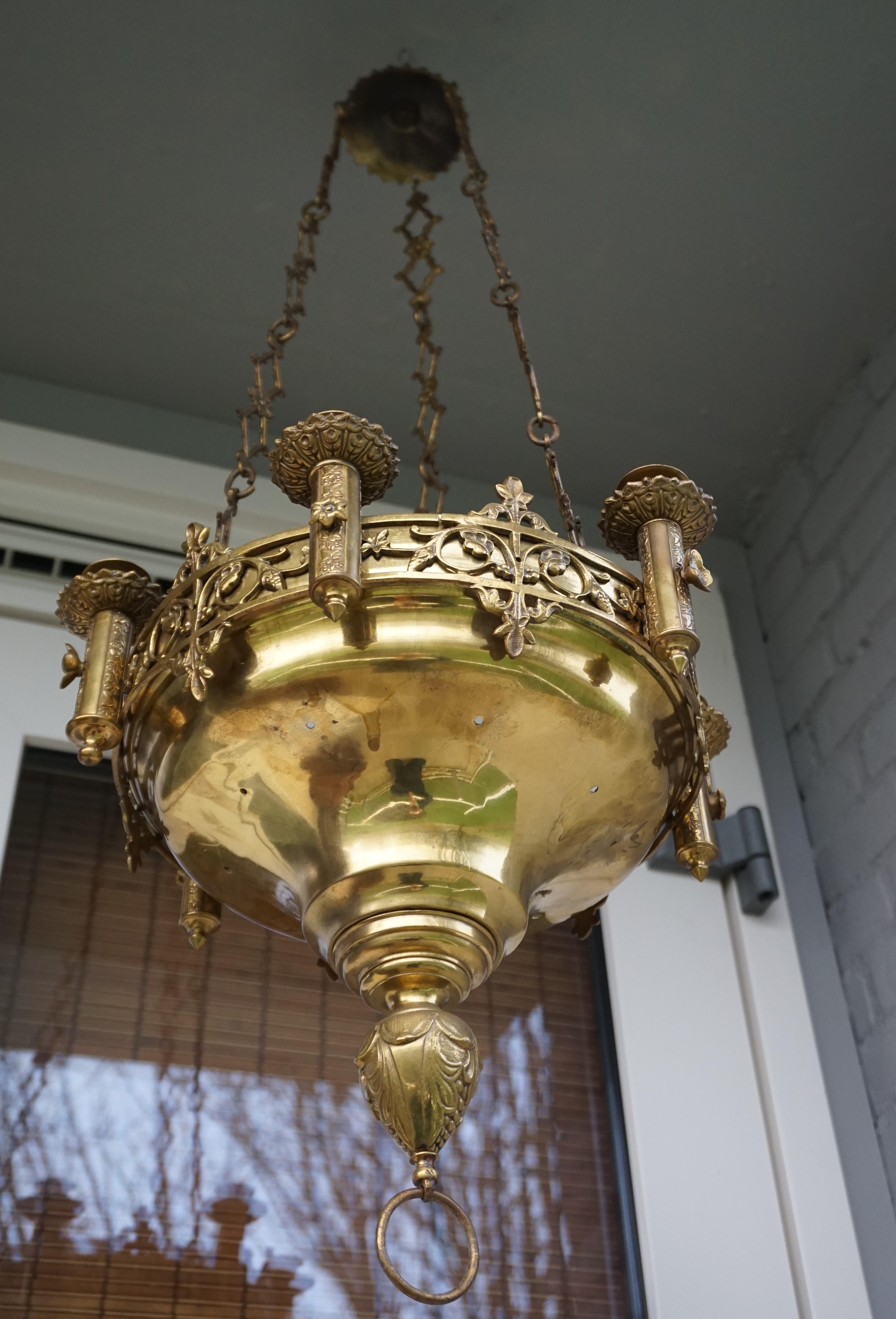 French Early 1900s Gothic Revival Brass and Bronze Church Candle Chandelier / Pendant For Sale