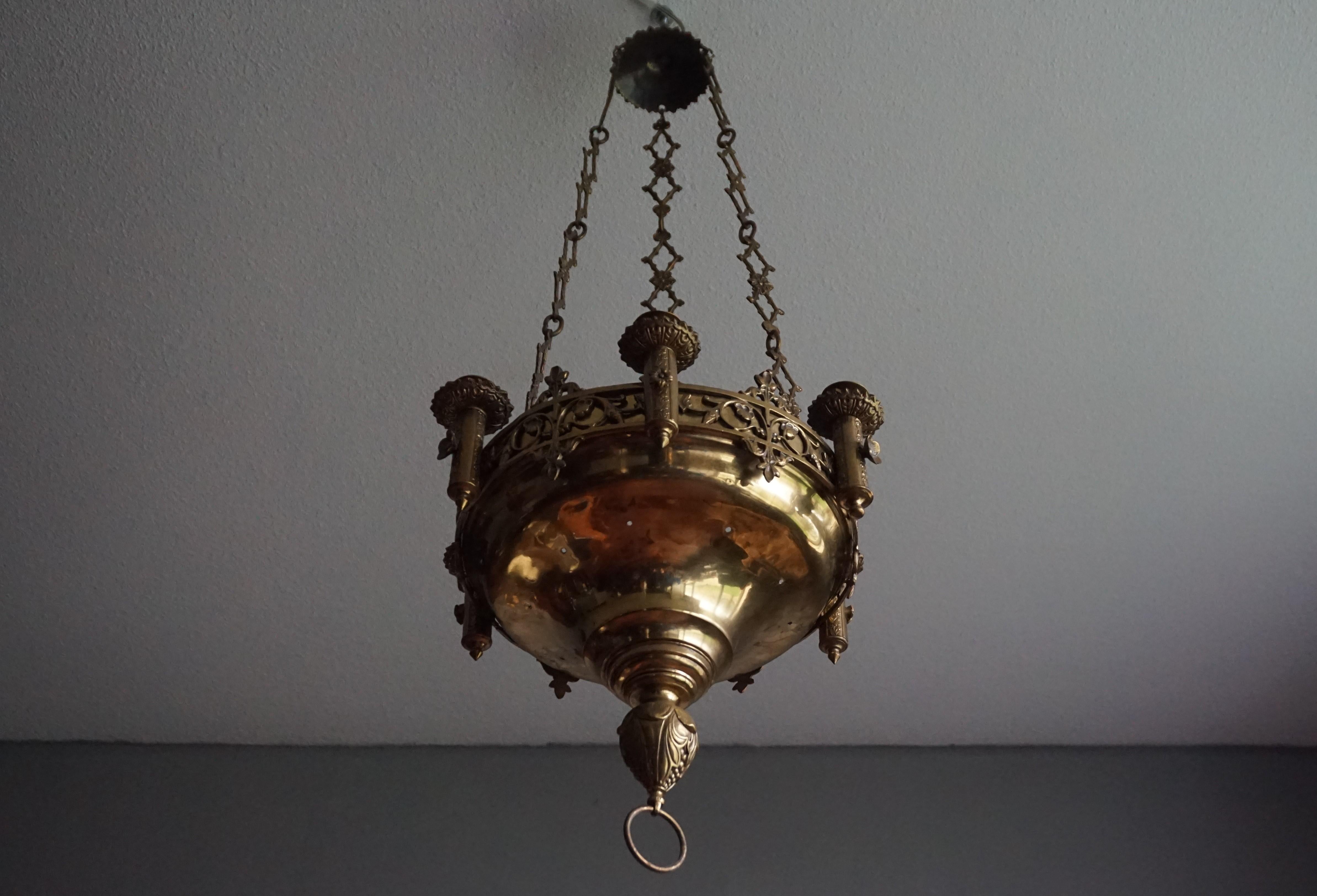 20th Century Early 1900s Gothic Revival Brass and Bronze Church Candle Chandelier / Pendant For Sale