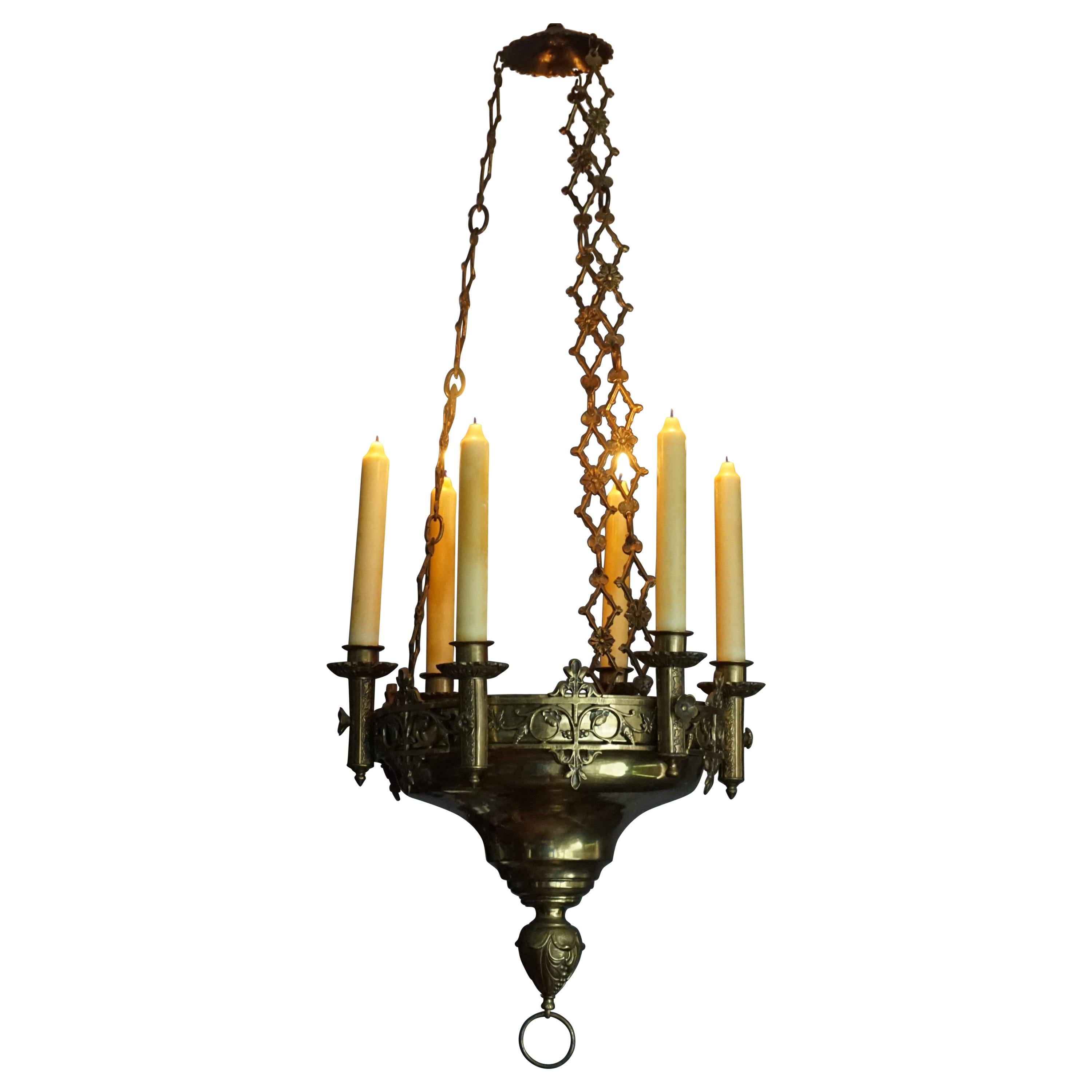 Early 1900s Gothic Revival Brass and Bronze Church Candle Chandelier / Pendant