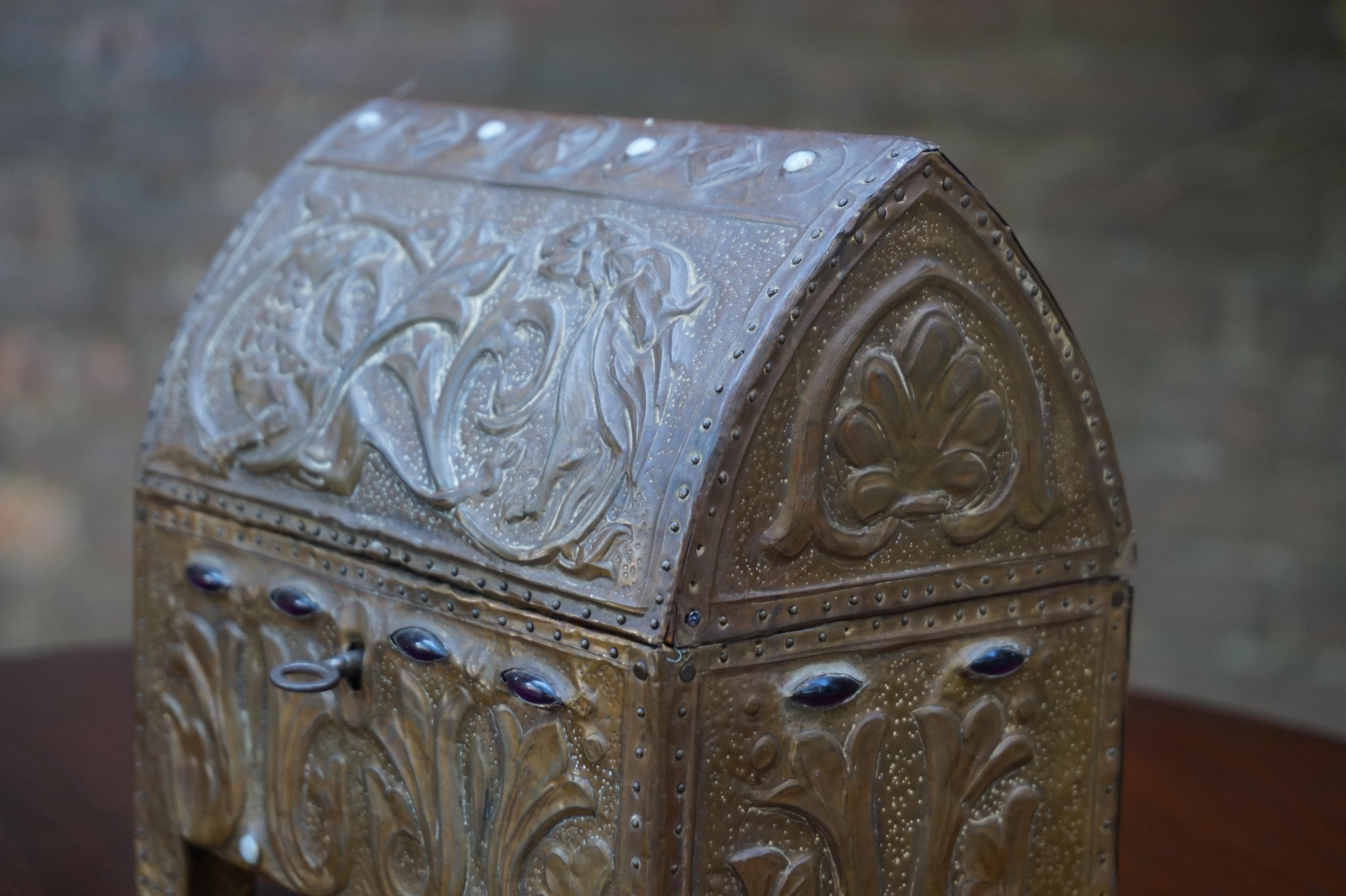 Early 1900s Gothic Revival Embossed Copper & Inlaid Stones Wooden Box with Key 5
