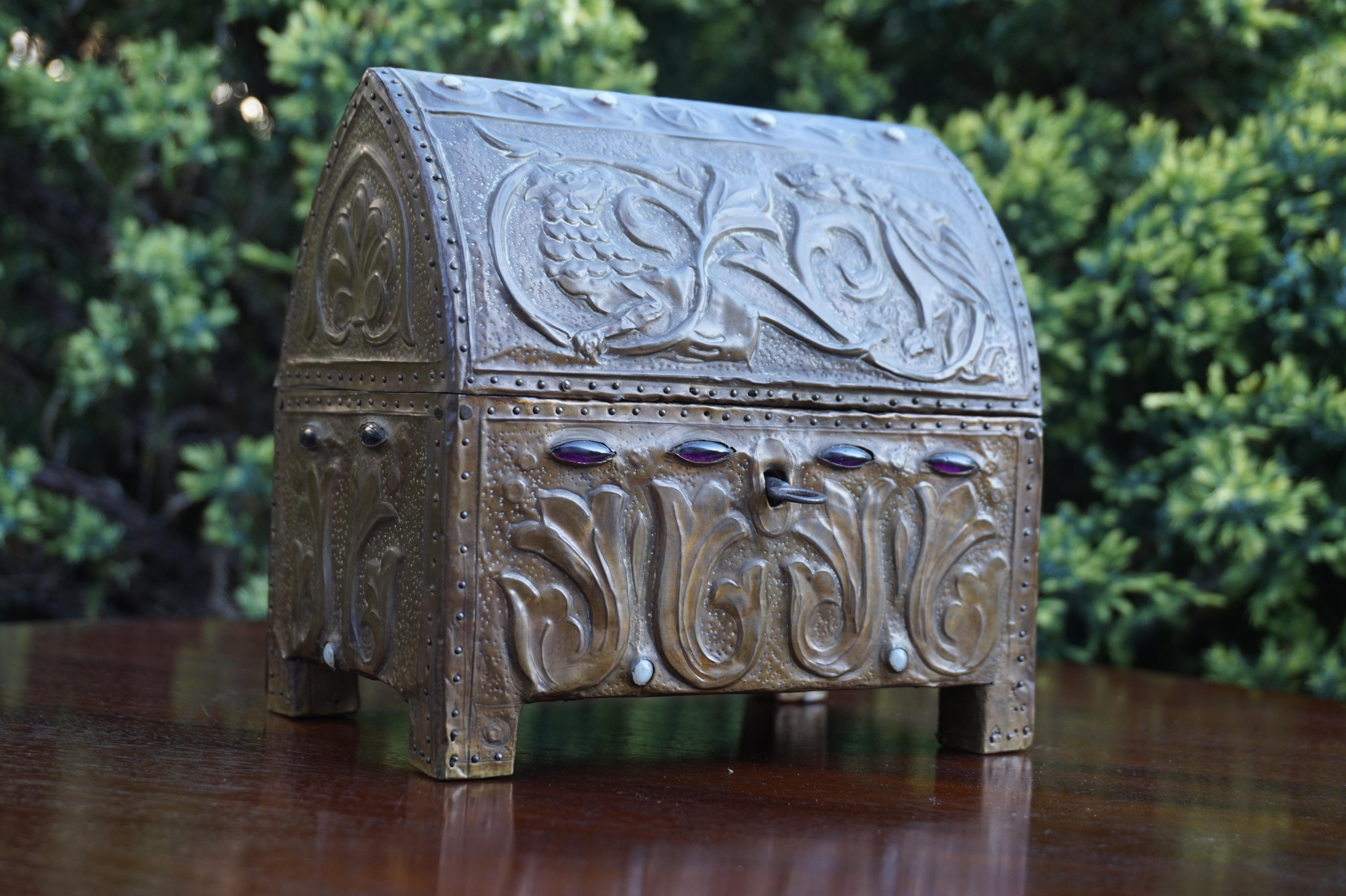 Early 1900s Gothic Revival Embossed Copper & Inlaid Stones Wooden Box with Key 10